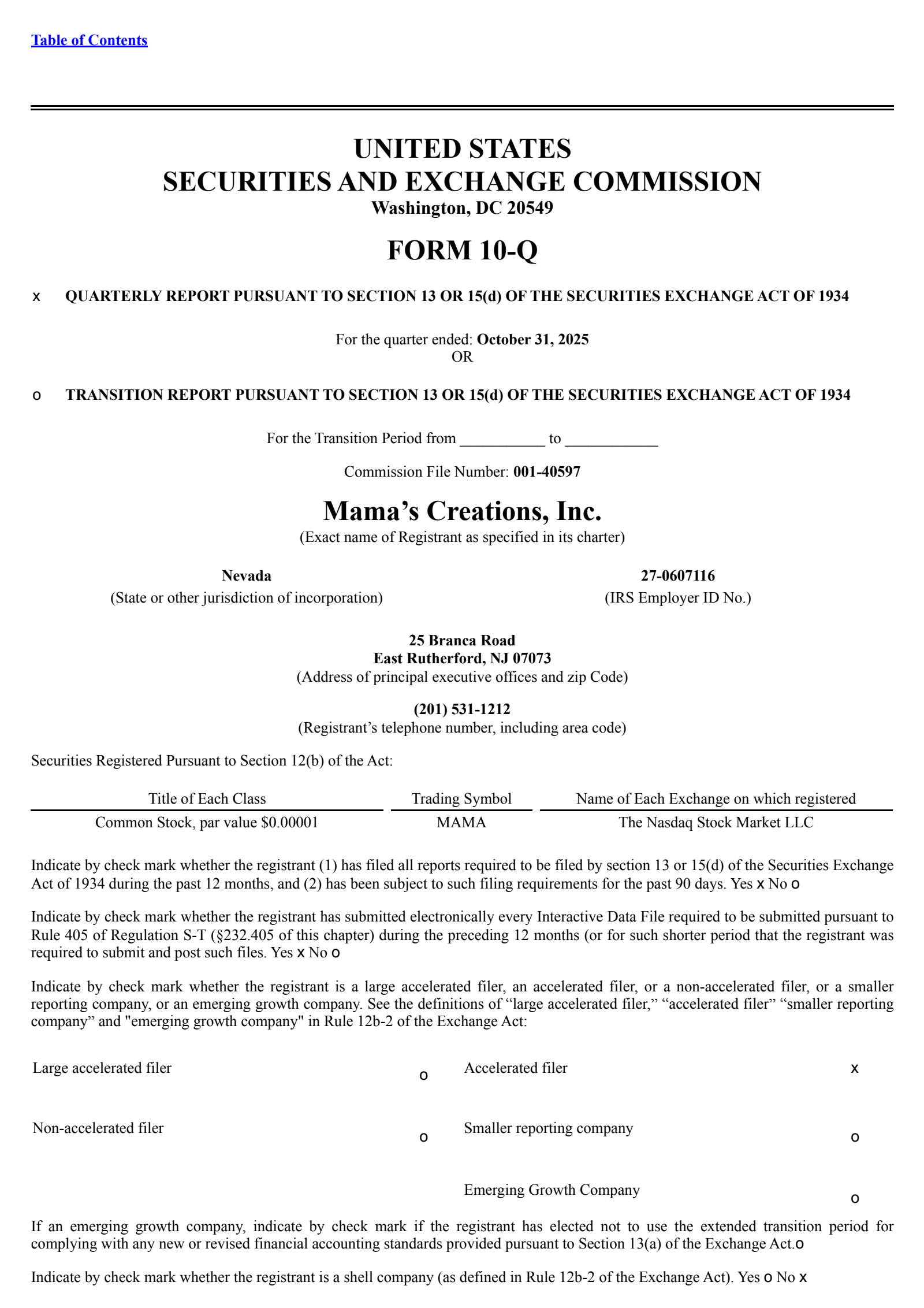 Mama's Creations' Q3 2026 Quarterly Report