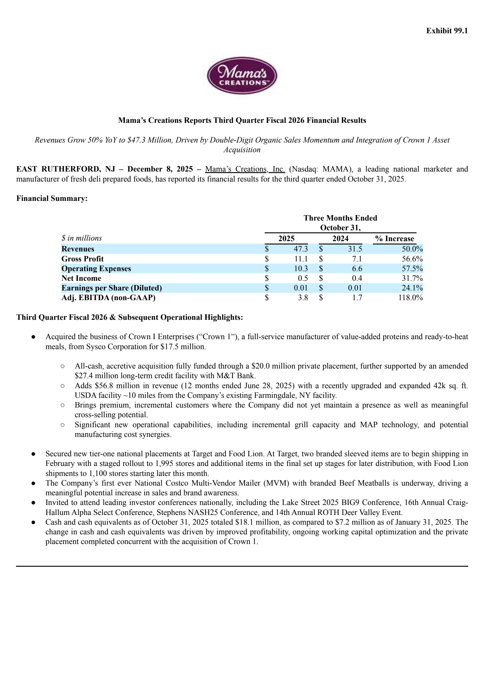 Mama's Creations' Q3 2026 Earnings Release