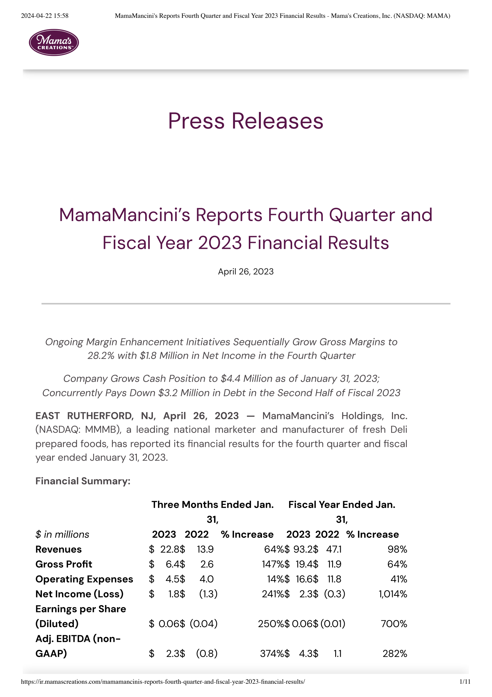 Mama's Creations' Q4 2023 Press Release