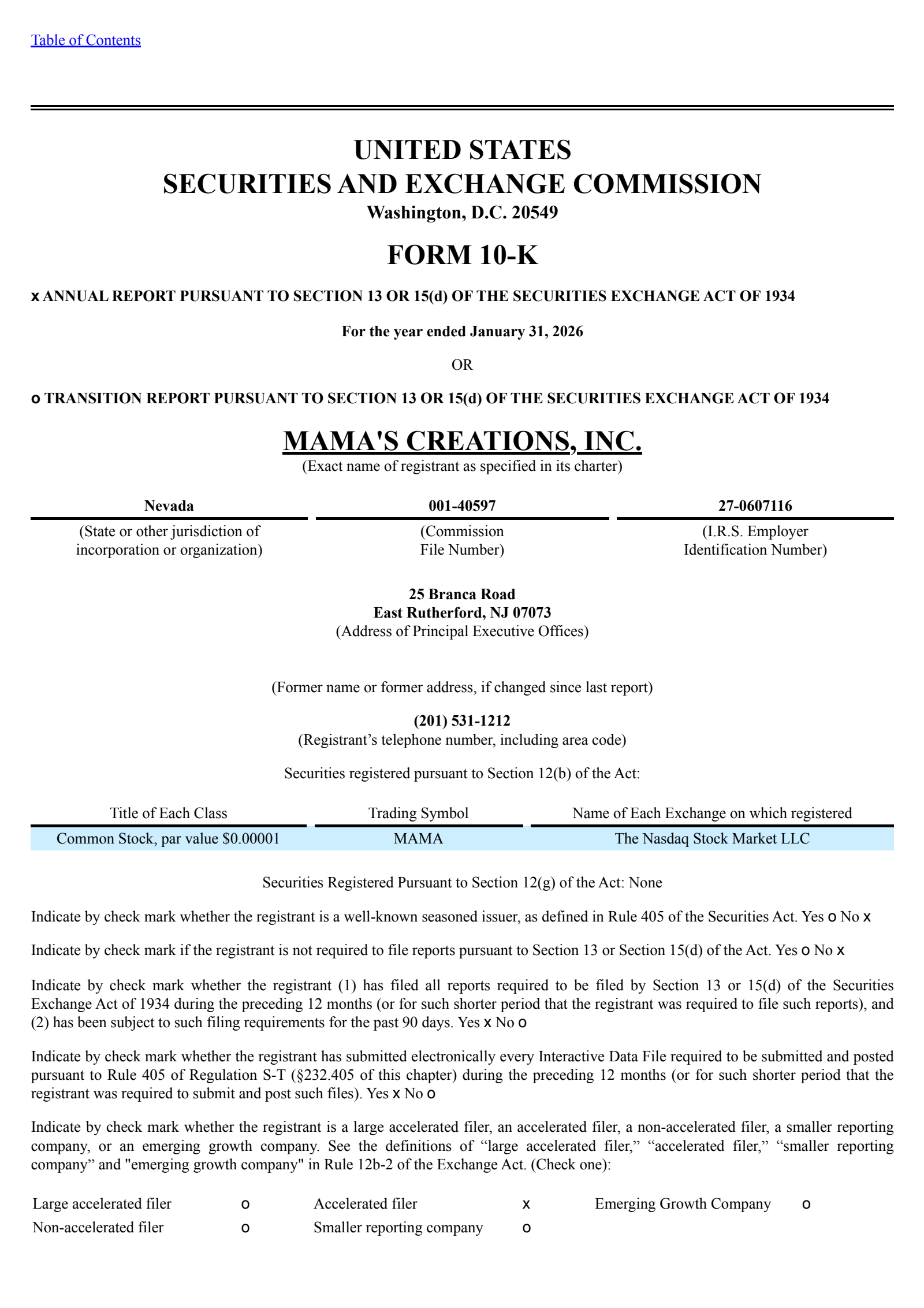 Mama's Creations' Q4 2026 Annual report