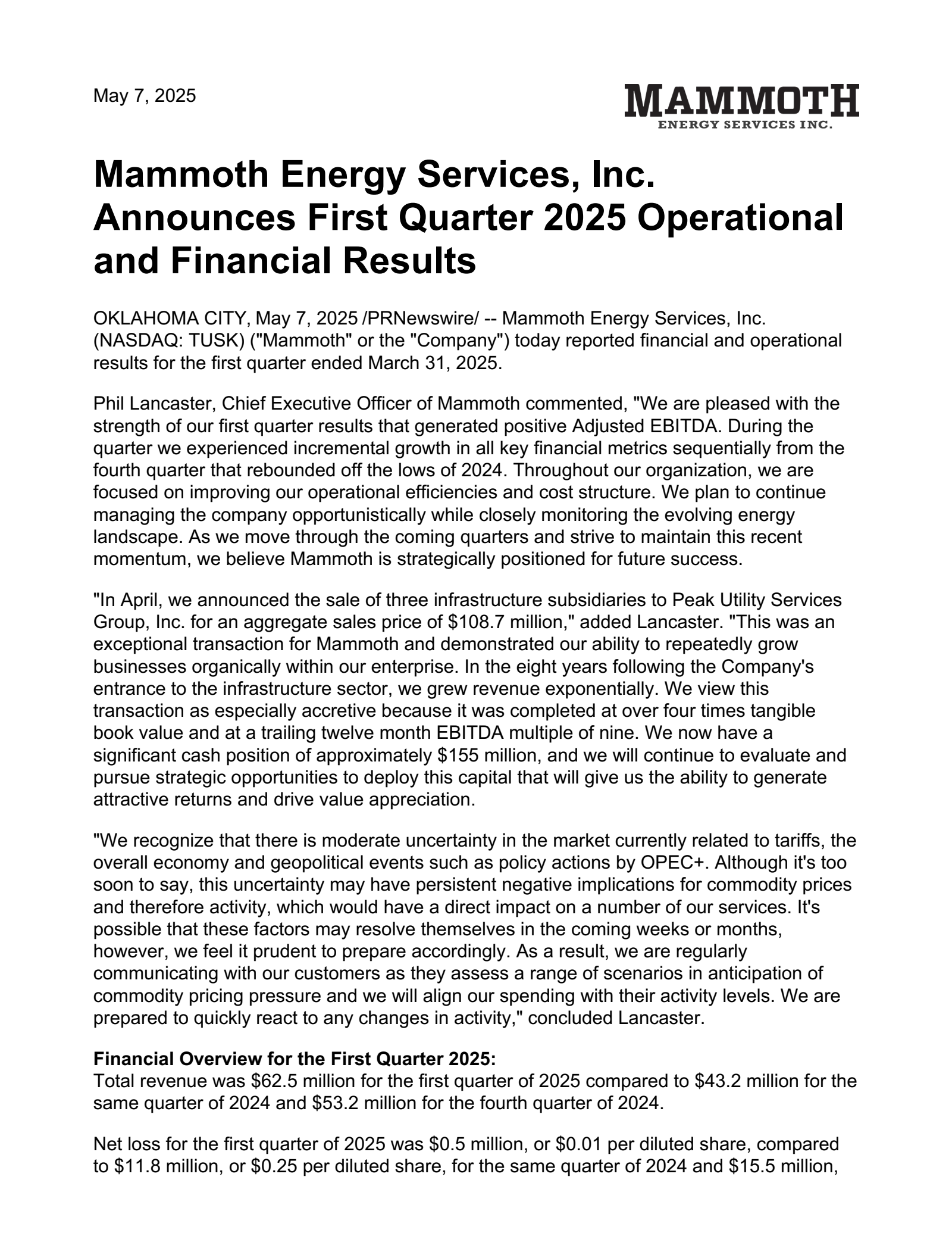 Mammoth Energy Services' Q1 2025 Press Release