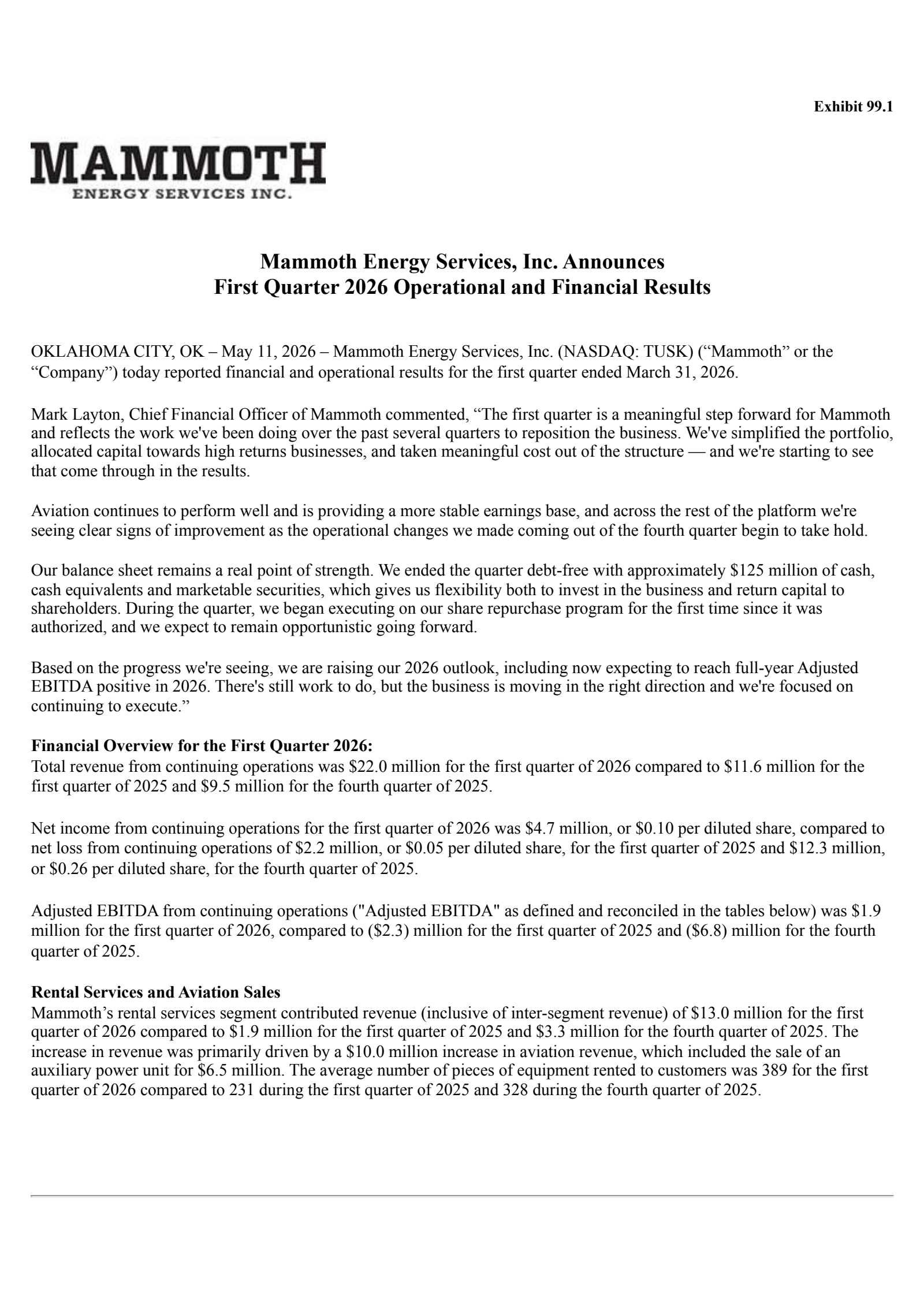Mammoth Energy Services' Q1 2026 Press Release