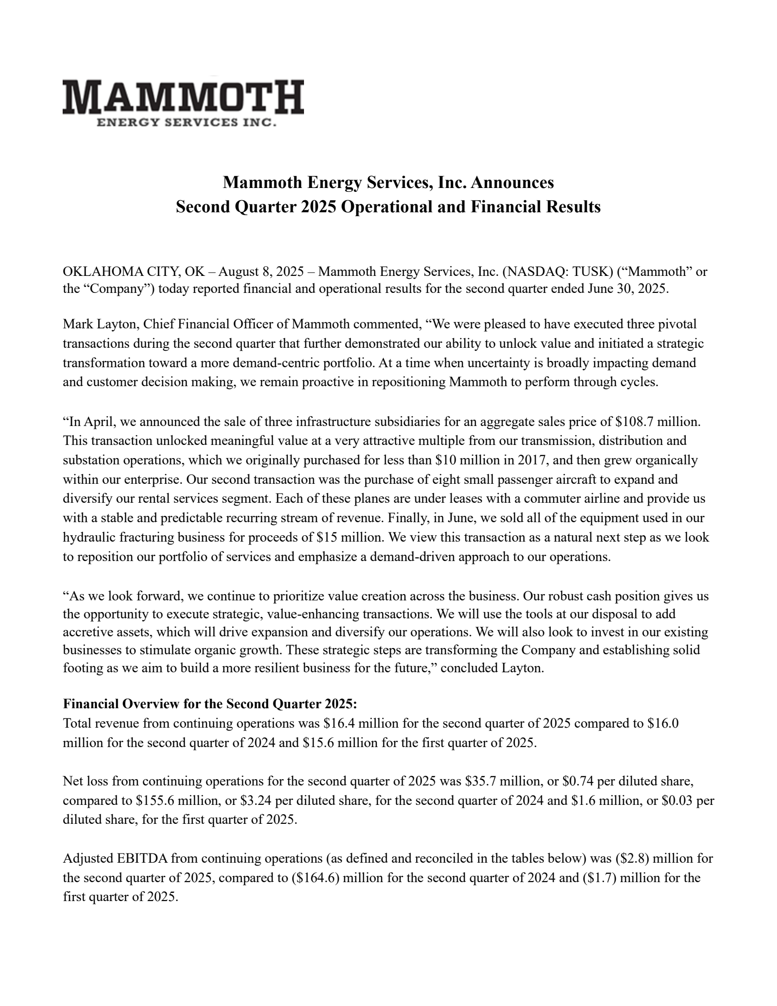 Mammoth Energy Services' Q2 2025 Press Release