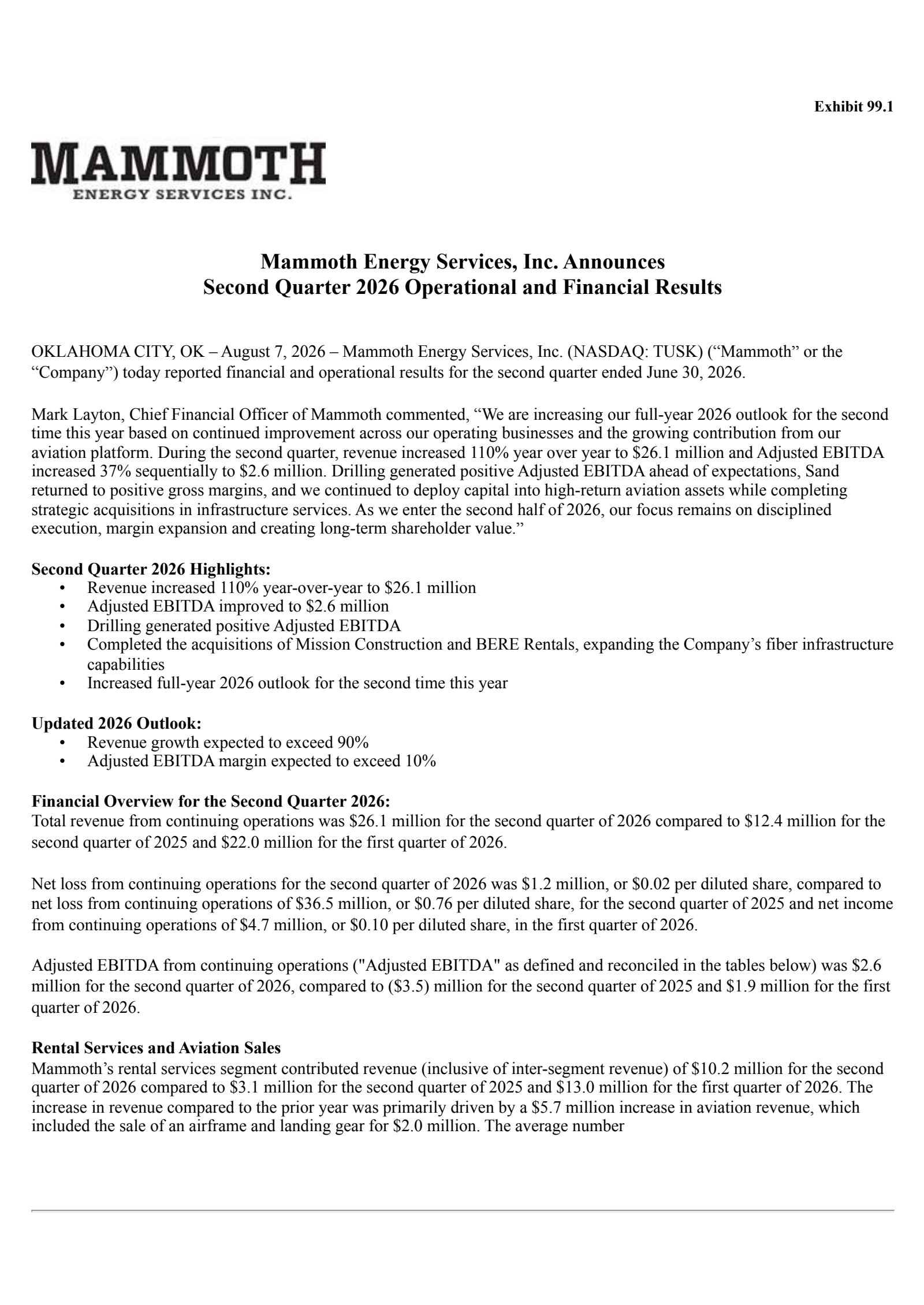 Mammoth Energy Services' Q2 2026 Press Release