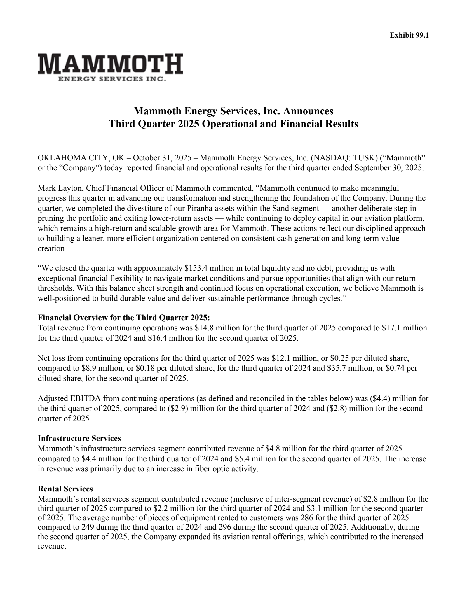 Mammoth Energy Services' Q3 2025 Earnings Release