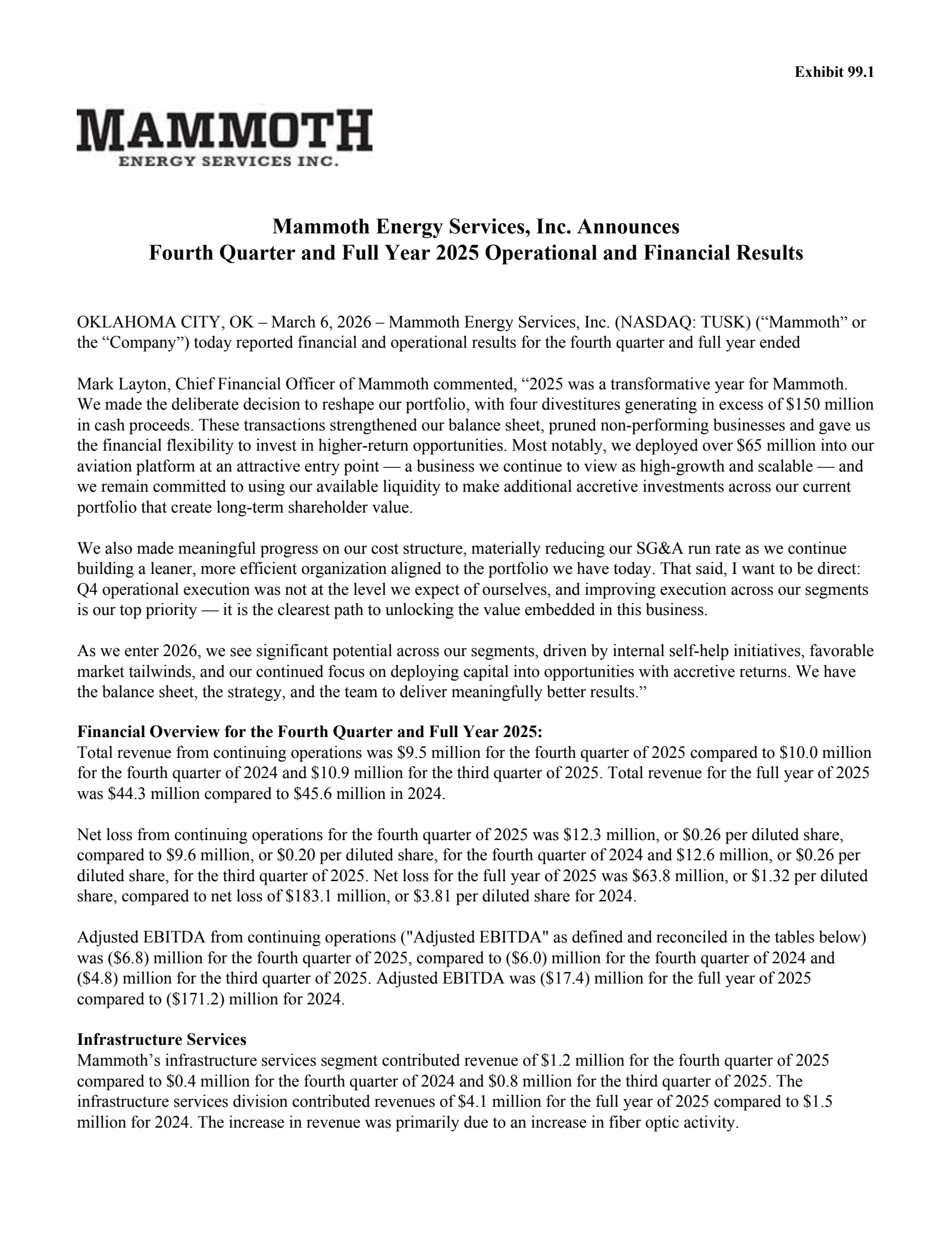 Mammoth Energy Services' Q4 2025 Press Release