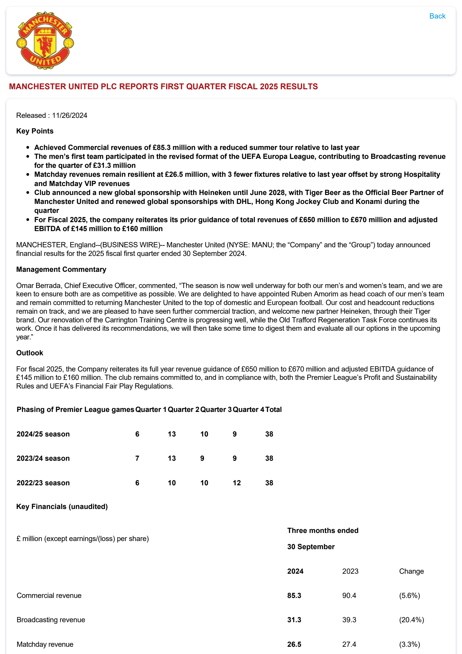 Manchester United's Q1 2025 Press Release