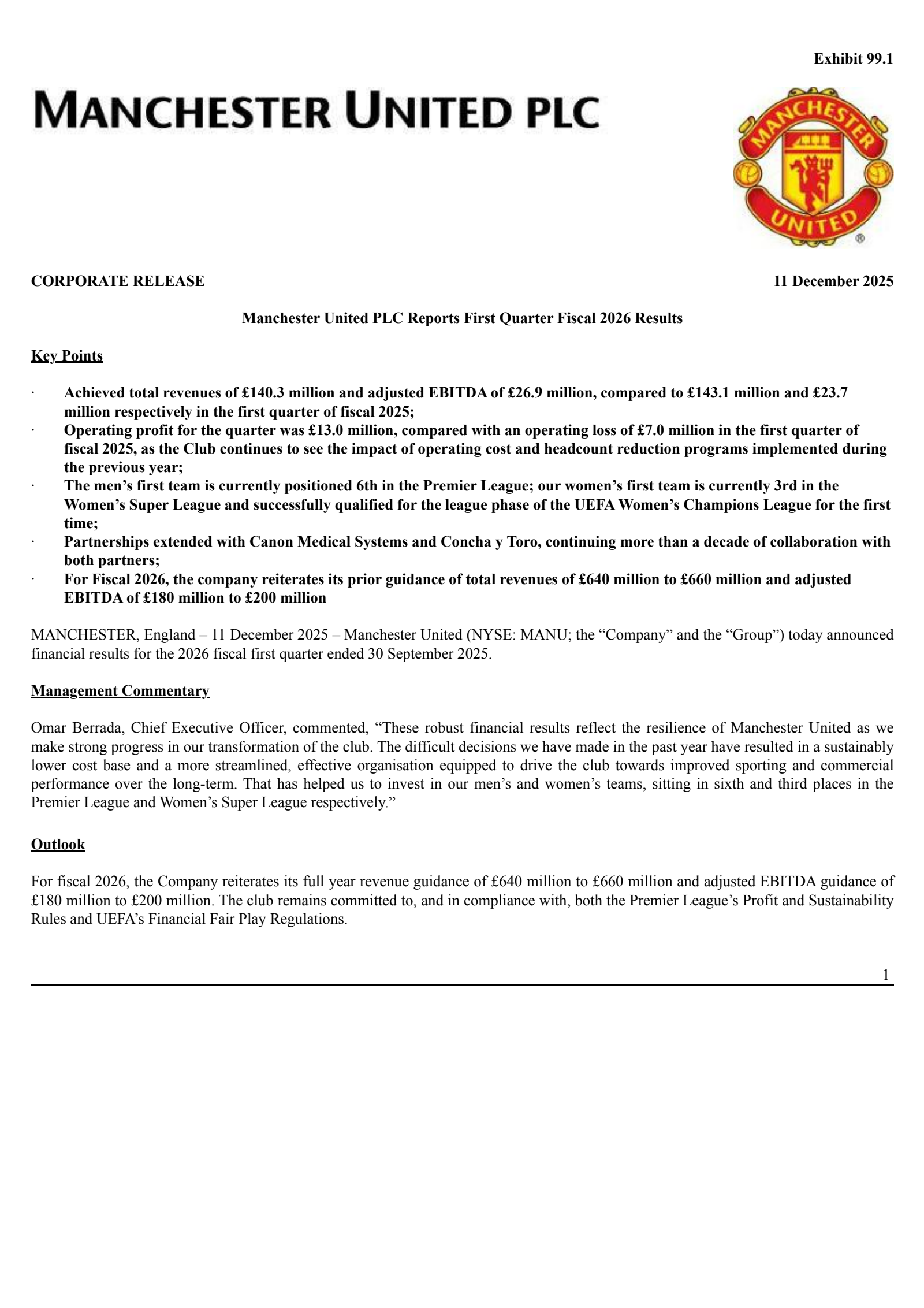 Manchester United's Q1 2026 Earnings Release