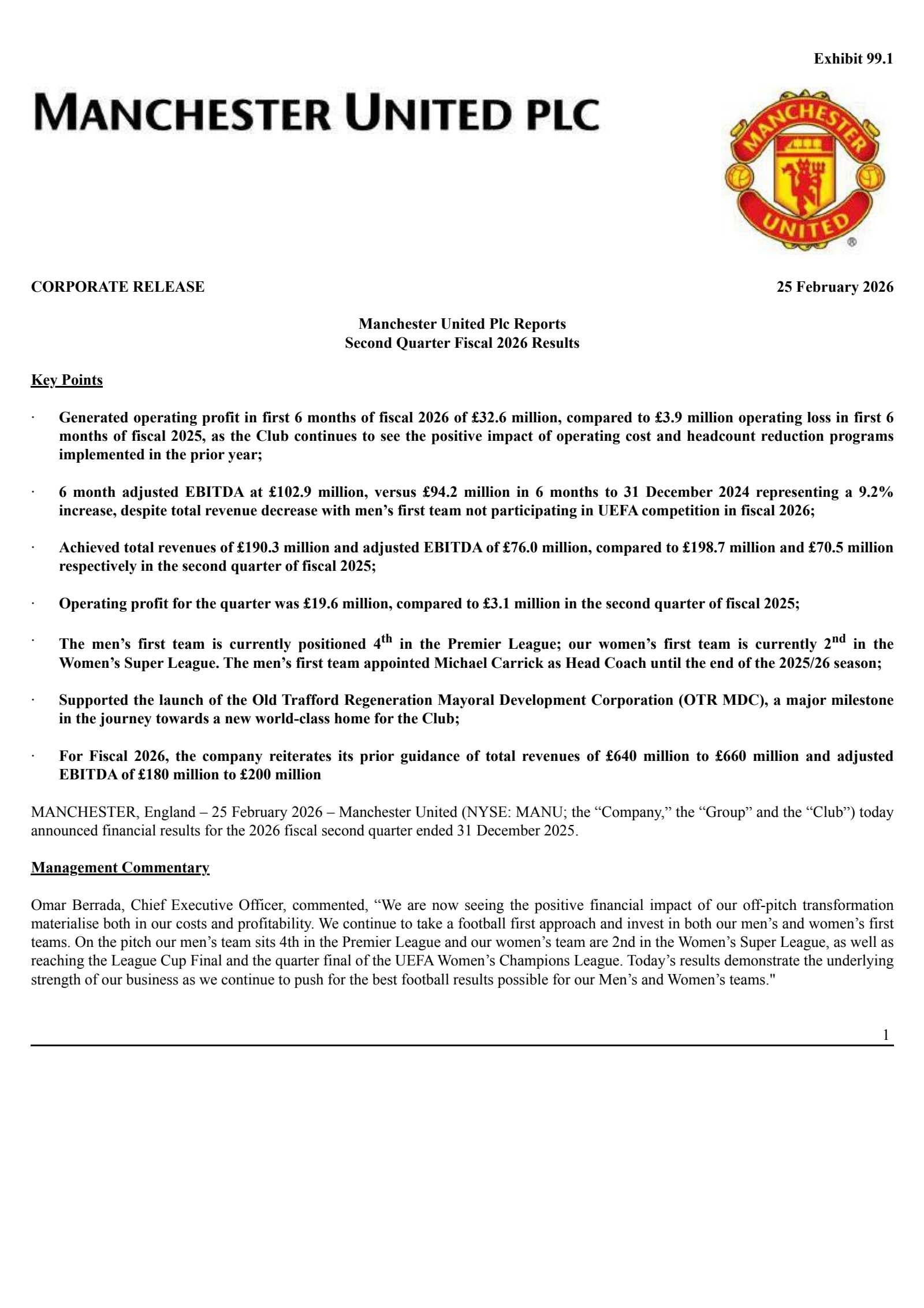 Manchester United's Q2 2026 Press Release