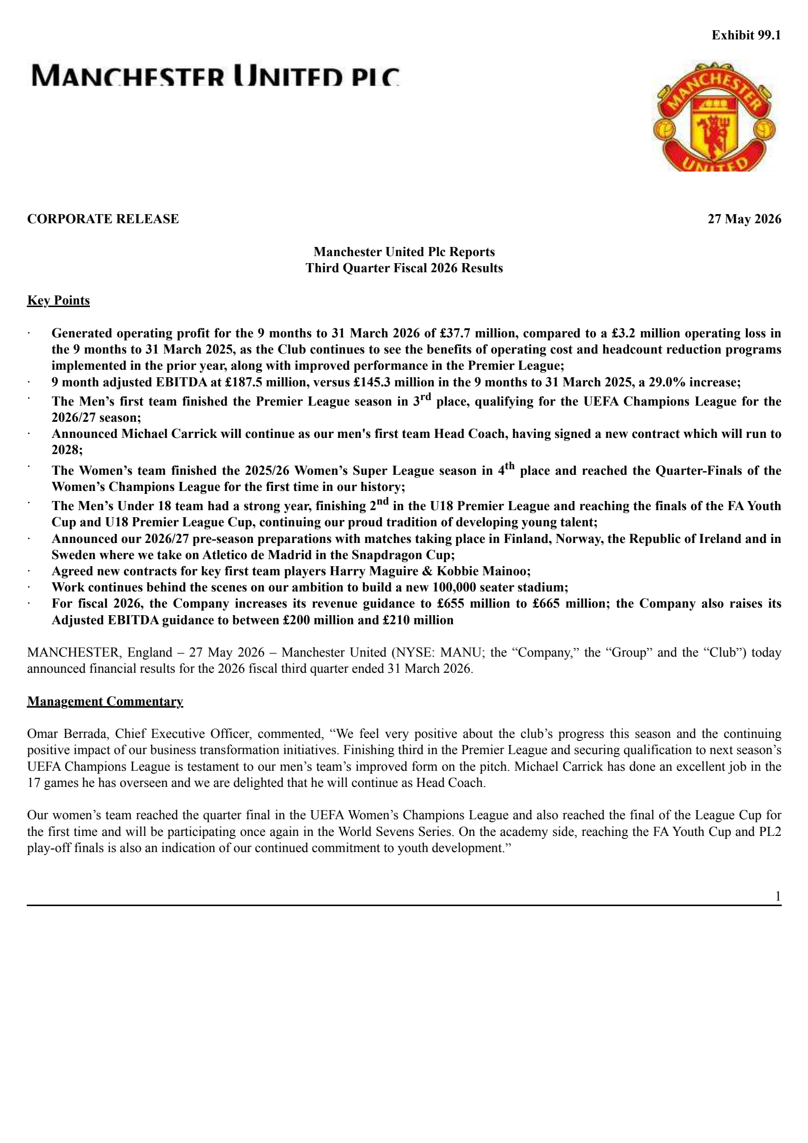Manchester United's Q3 2026 Press Release