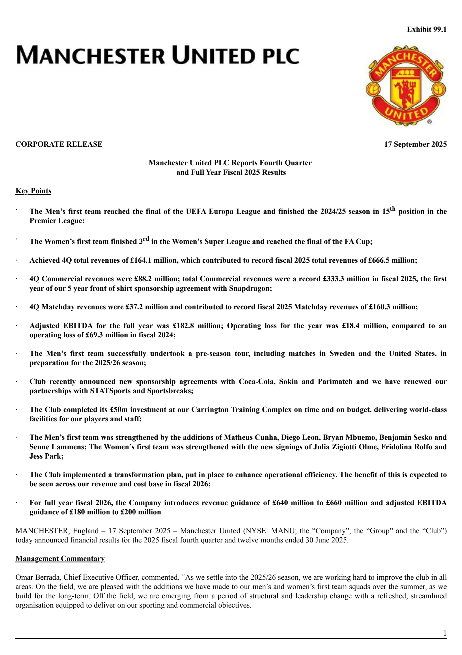 Manchester United's Q4 2025 Earnings Release
