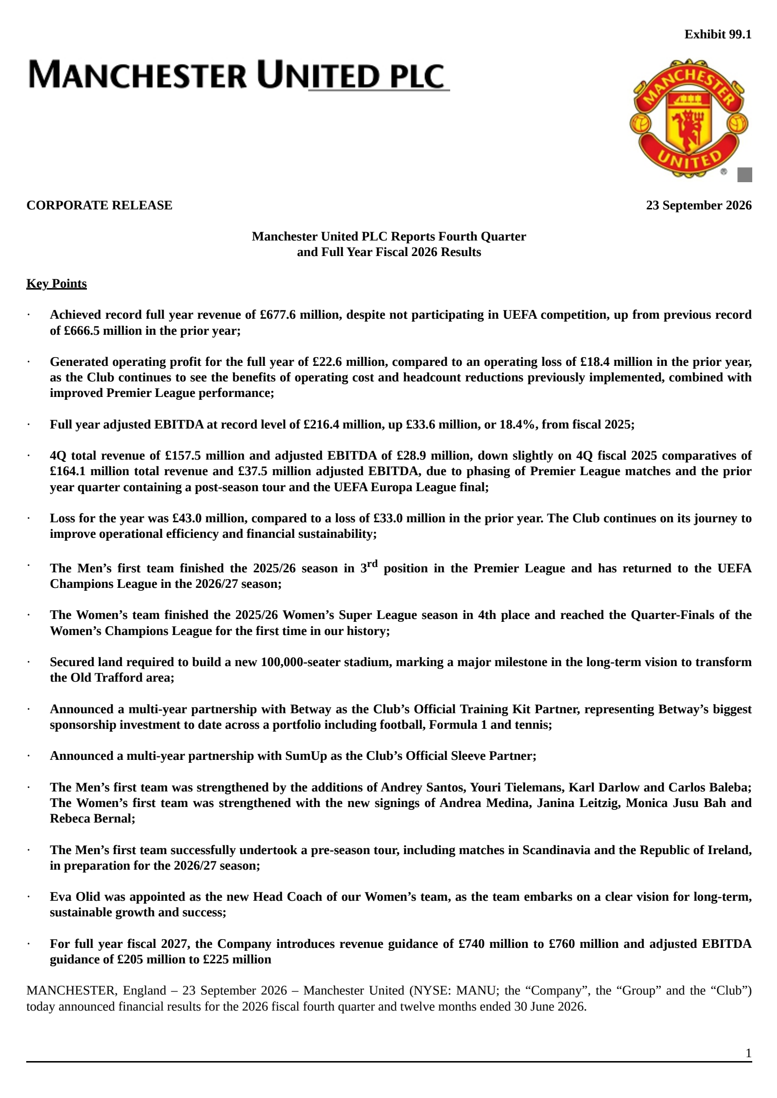 Manchester United's Q4 2026 Press Release