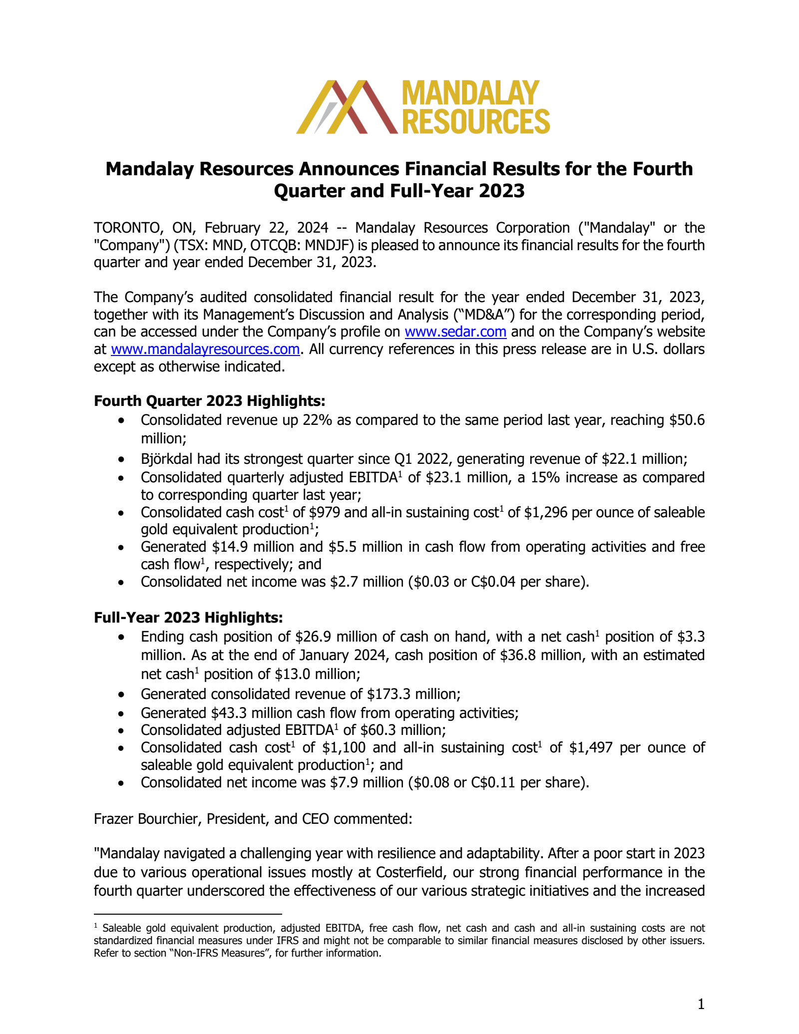 Mandalay Resources' Q4 2023 Press Release