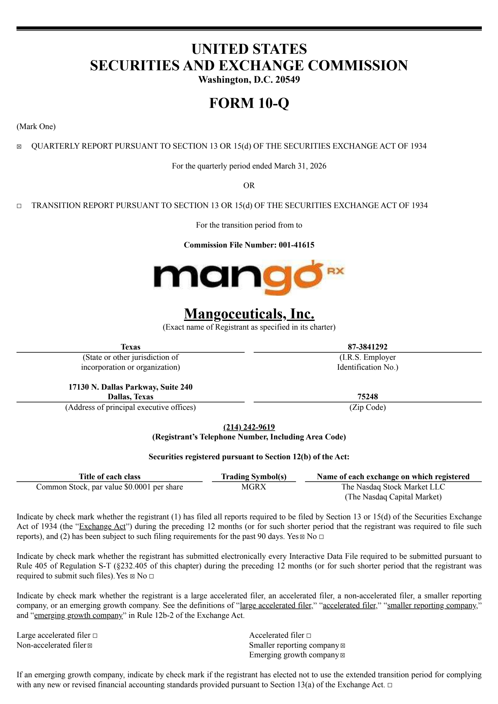 Mangoceuticals' Q1 2026 Quarterly report