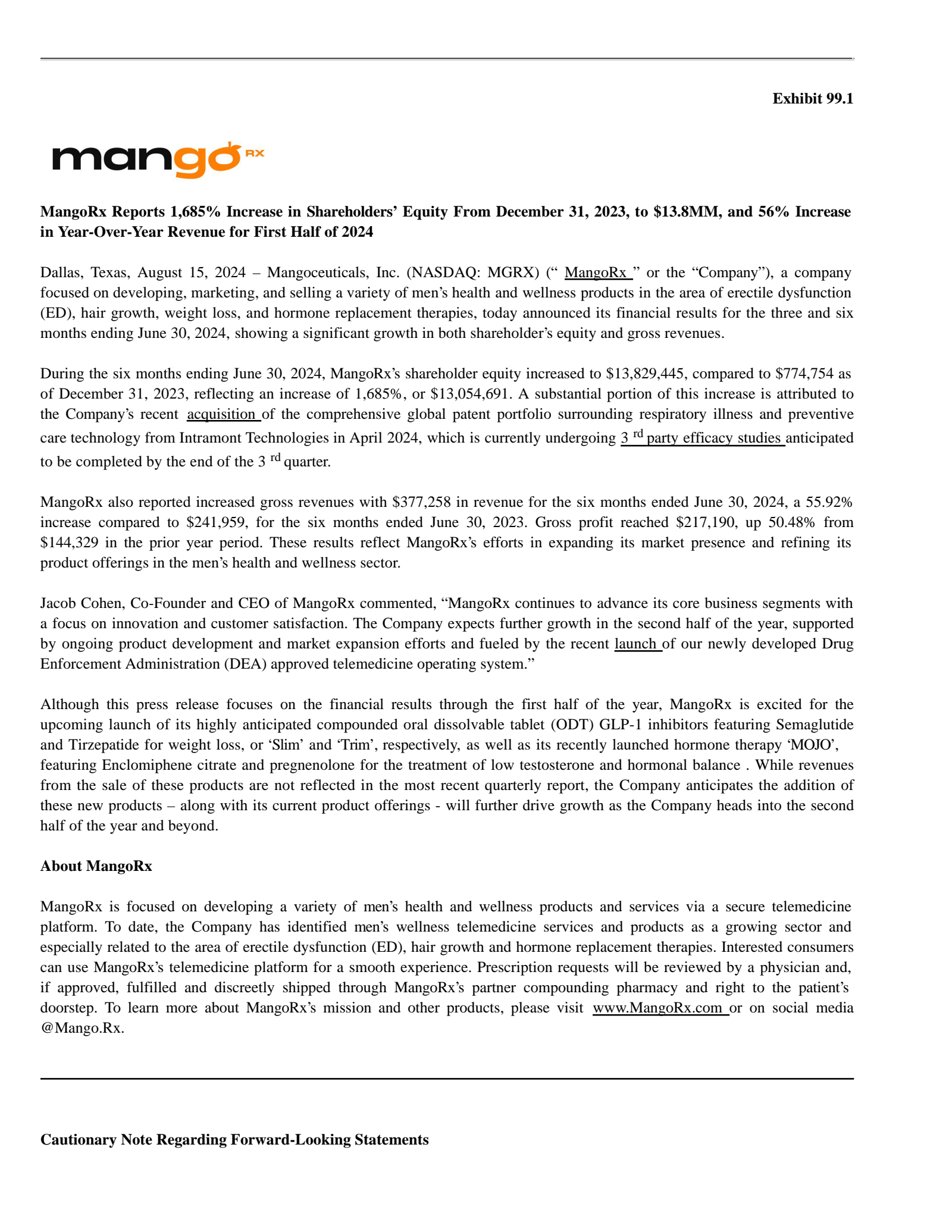 Mangoceuticals' Q2 2024 Press Release