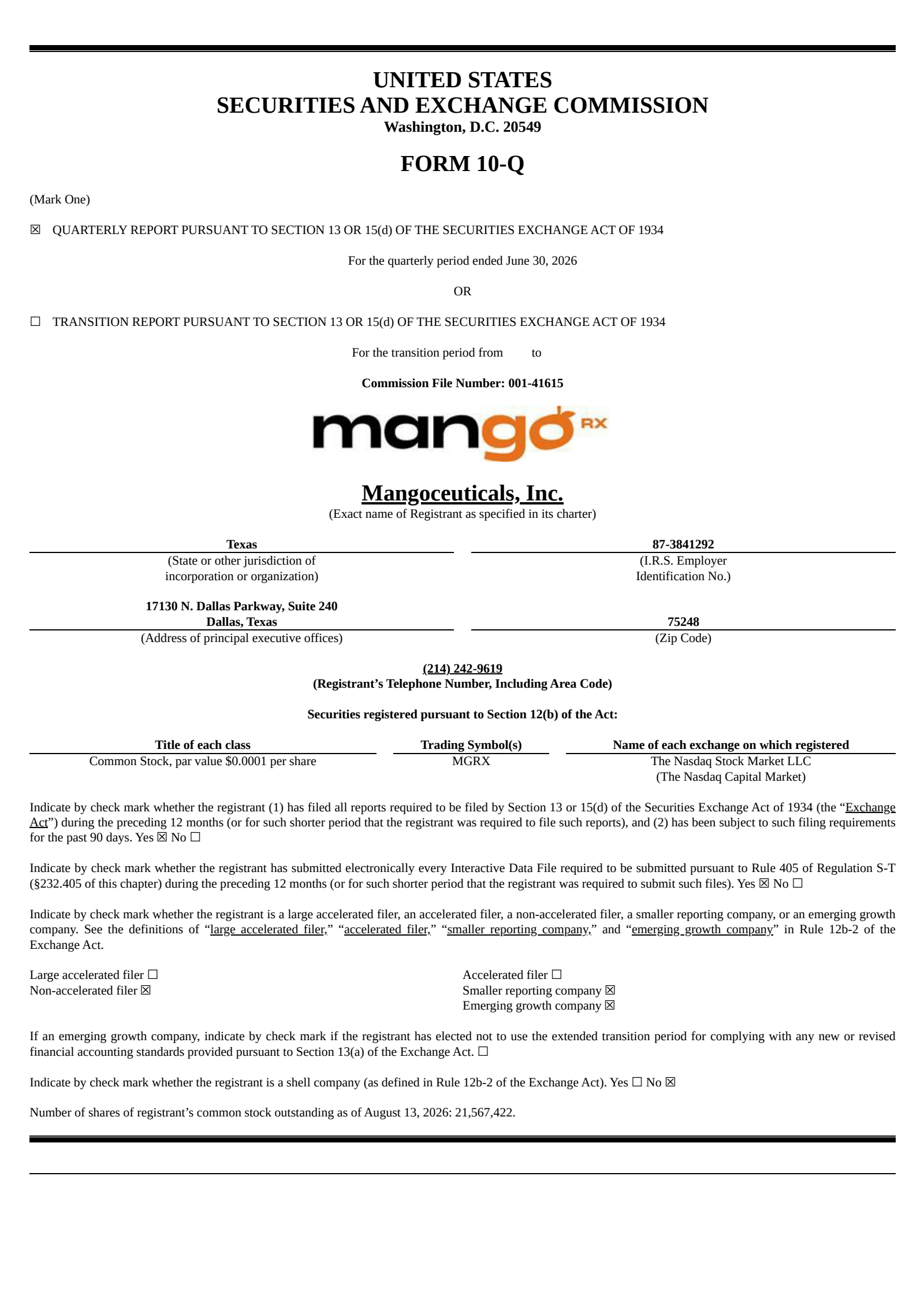 Mangoceuticals' Q2 2026 Quarterly report