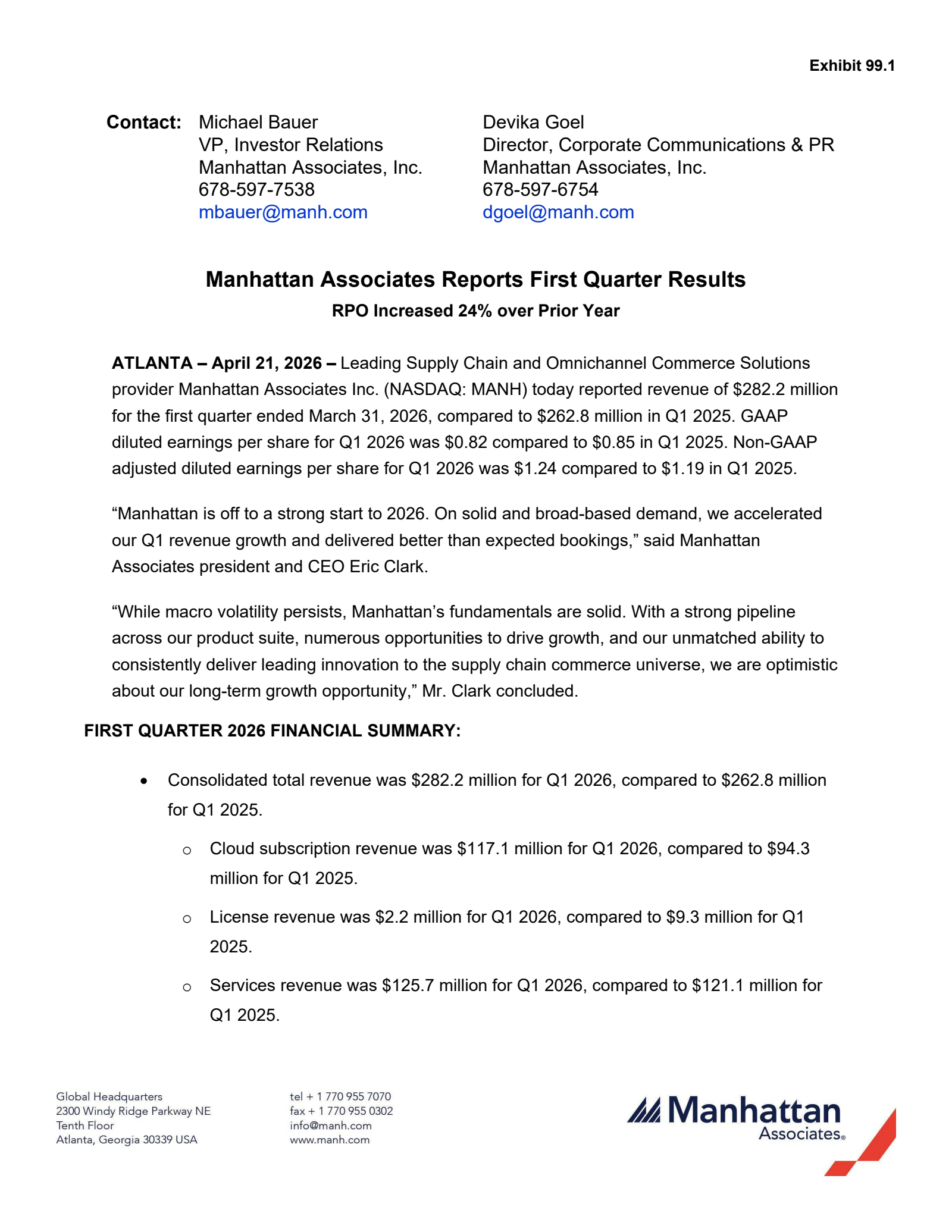 Manhattan Associates' Q1 2026 Press Release
