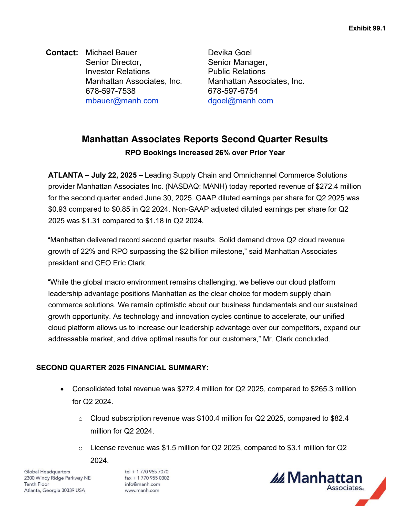 Manhattan Associates' Q2 2025 Press Release
