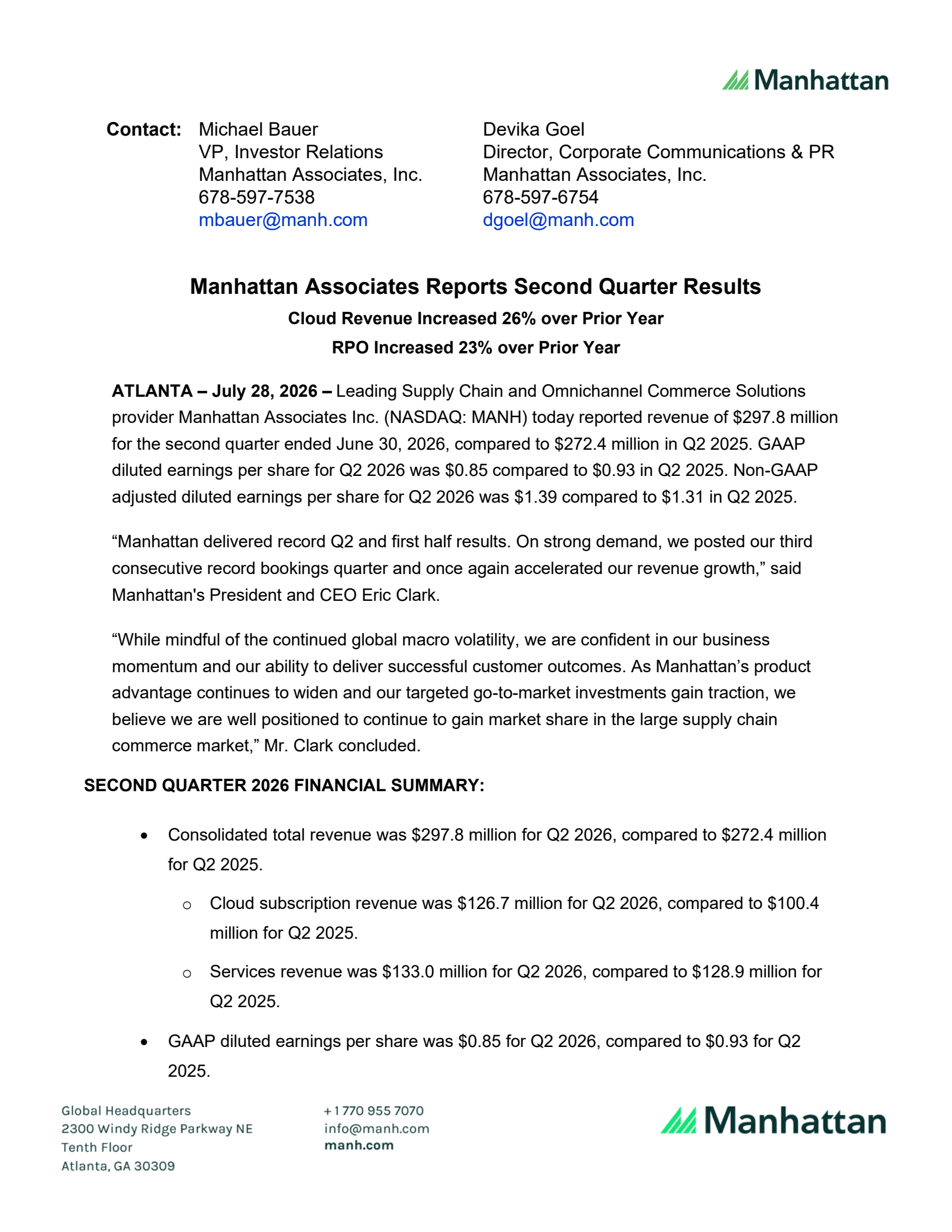 Manhattan Associates' Q2 2026 Press Release