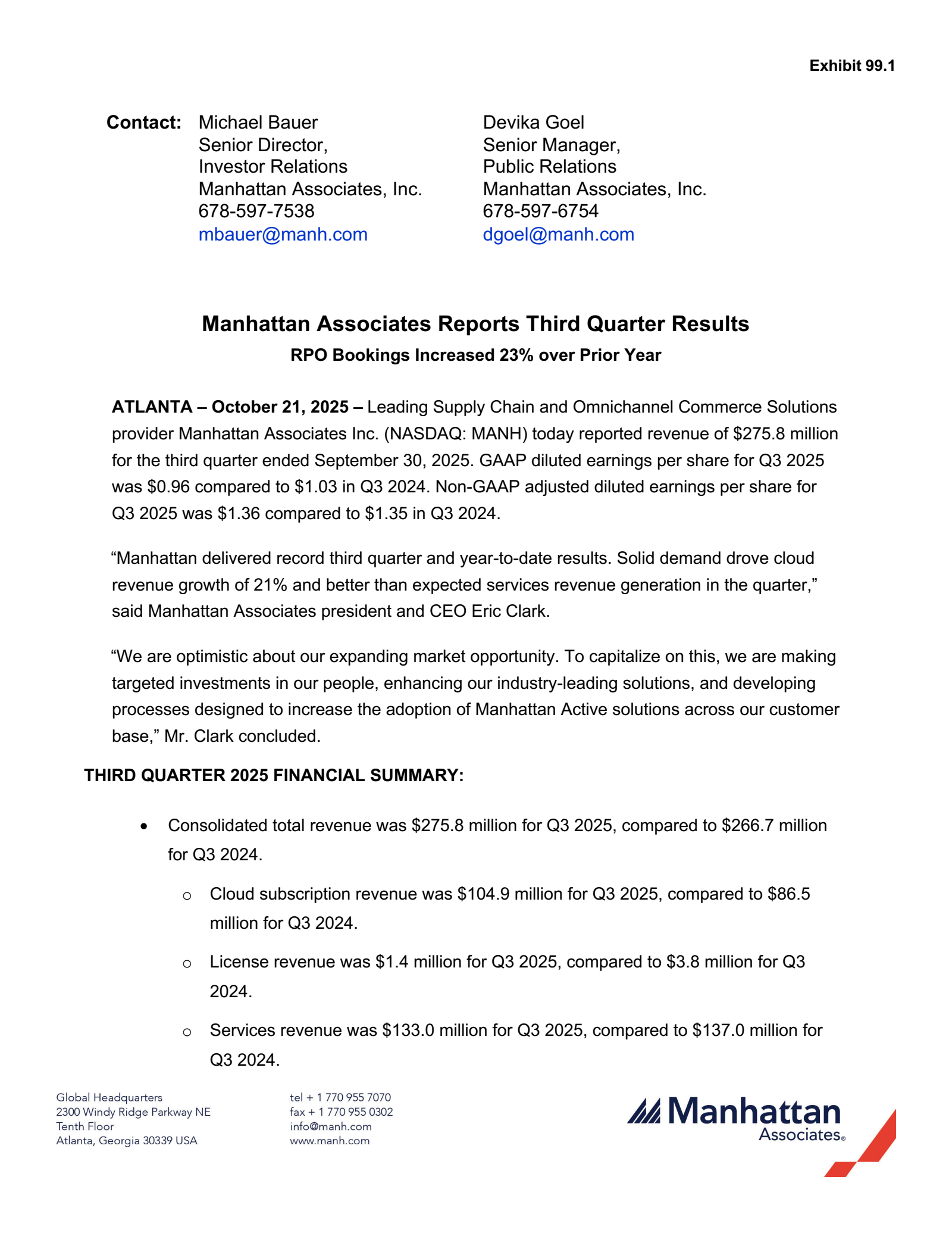 Manhattan Associates' Q3 2025 Earnings Release