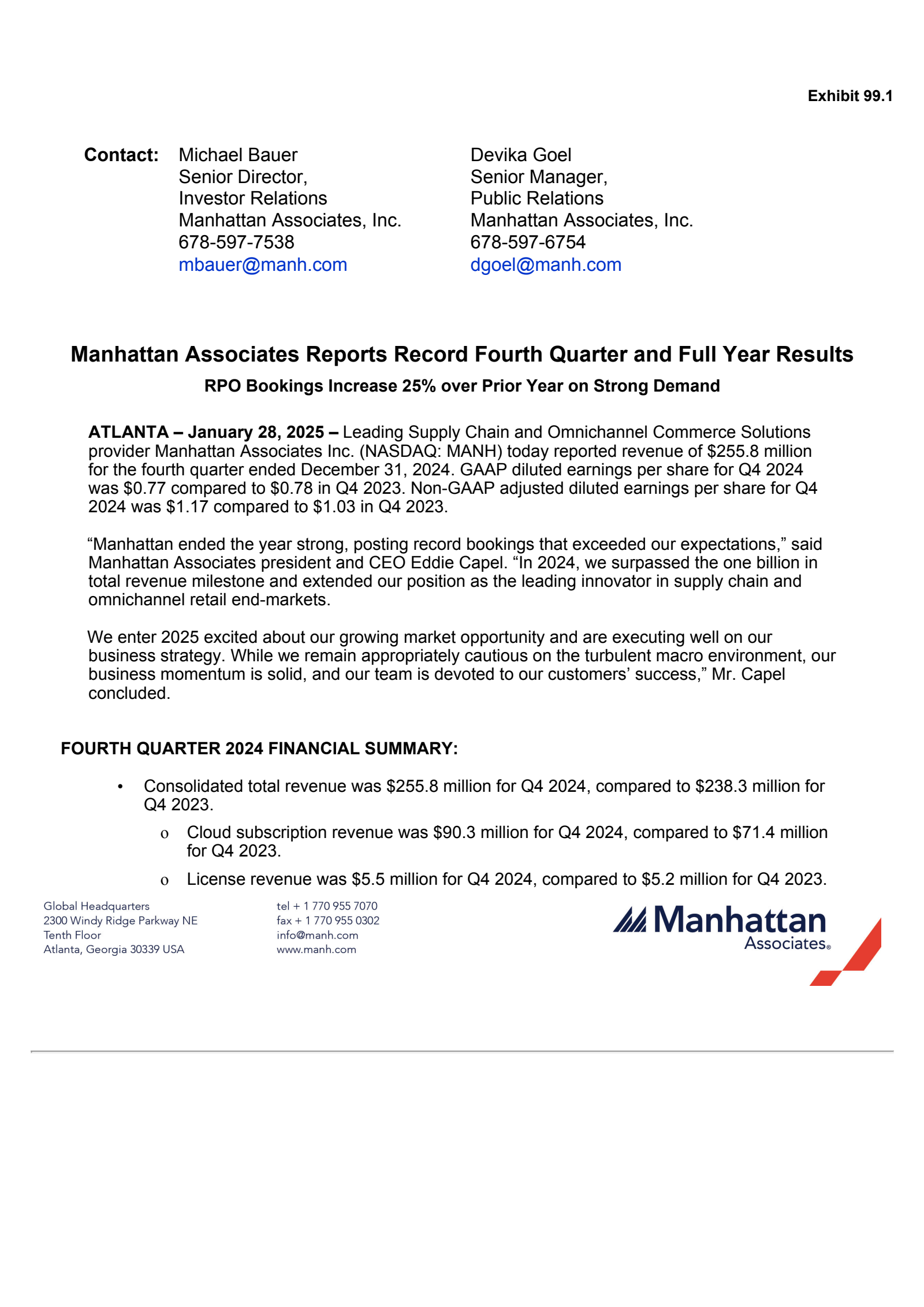 Manhattan Associates' Q4 2024 Press Release