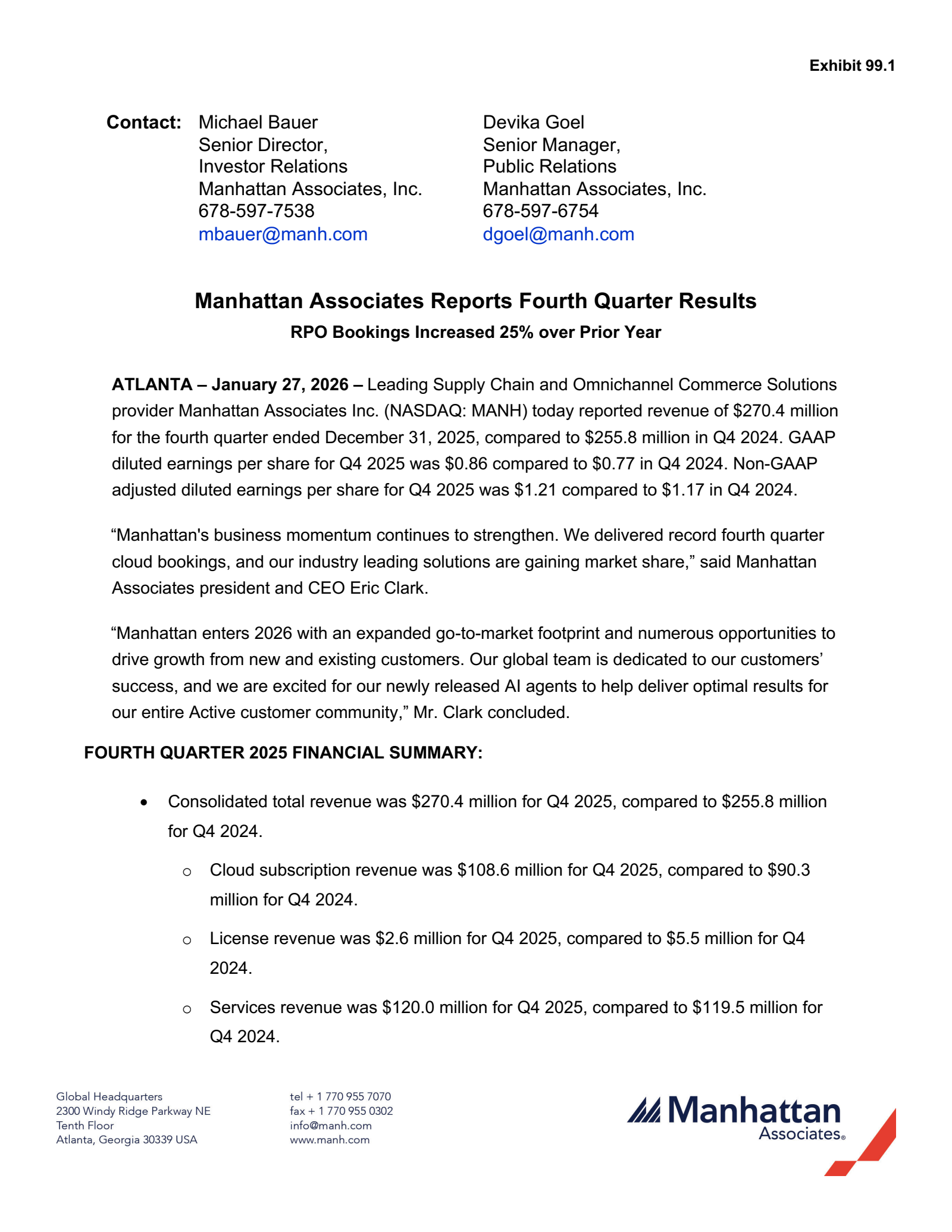 Manhattan Associates' Q4 2025 Press Release