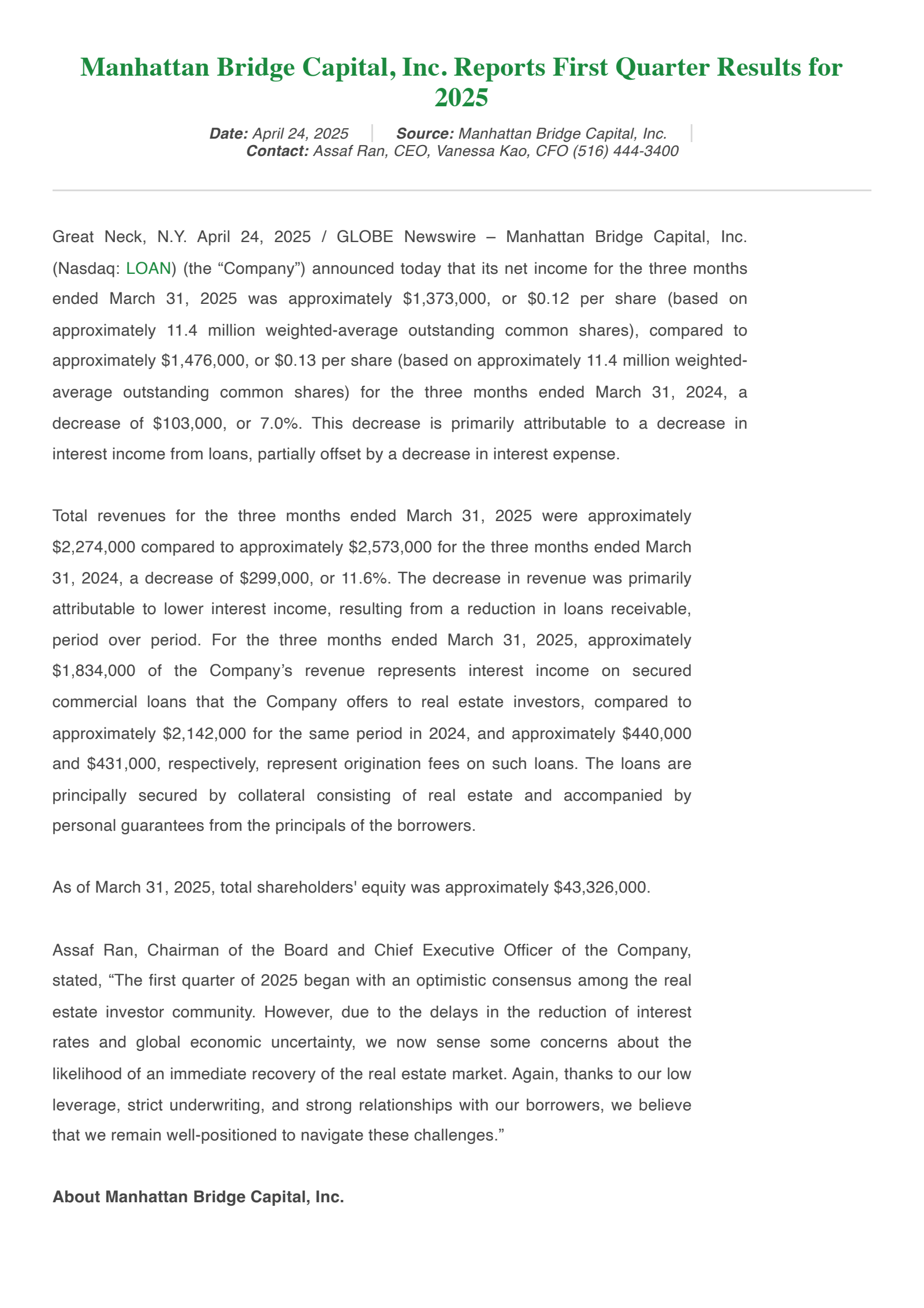 Manhattan Bridge Capital's Q1 2025 Press Release