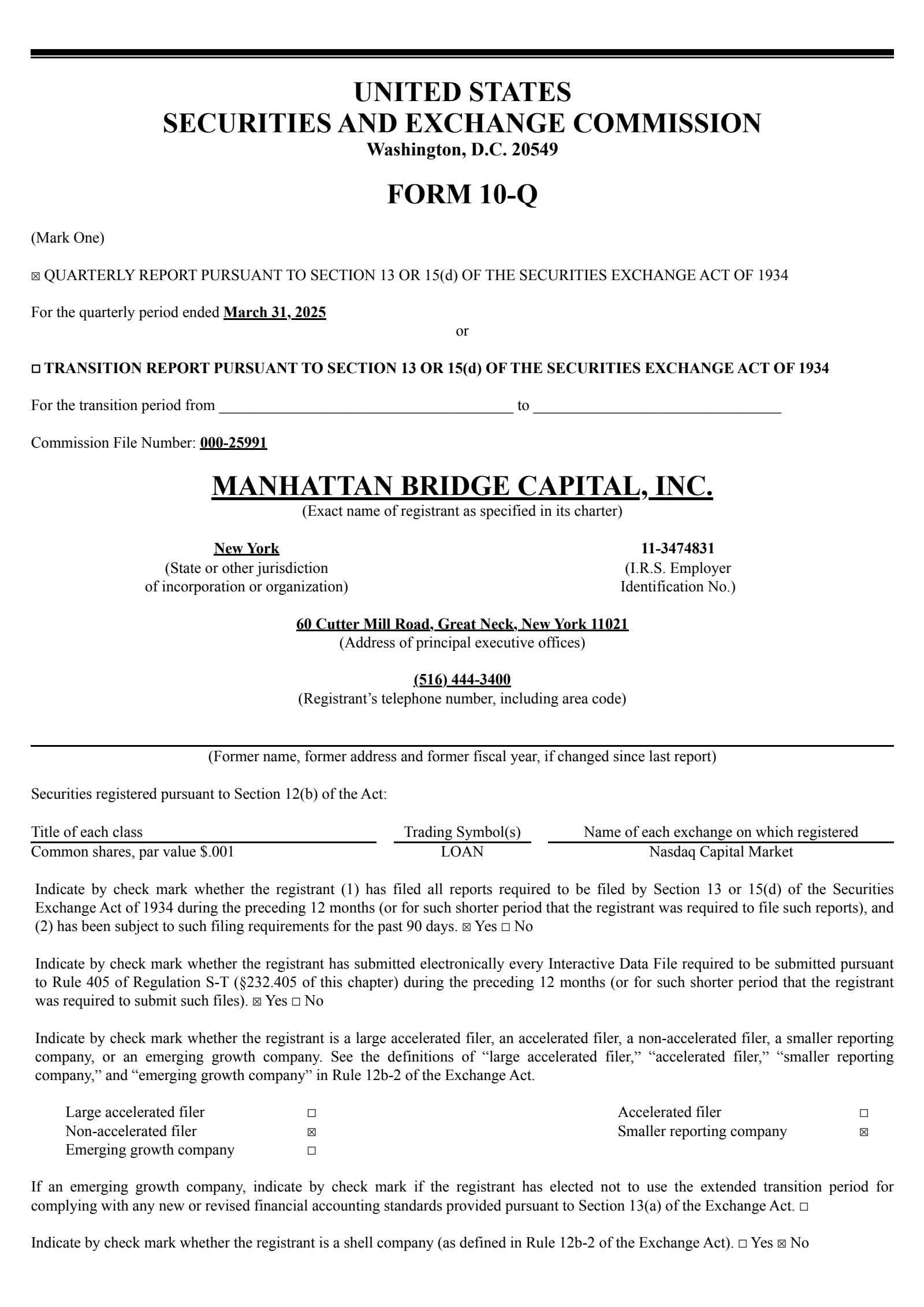 Manhattan Bridge Capital's Q1 2025 Quarterly report