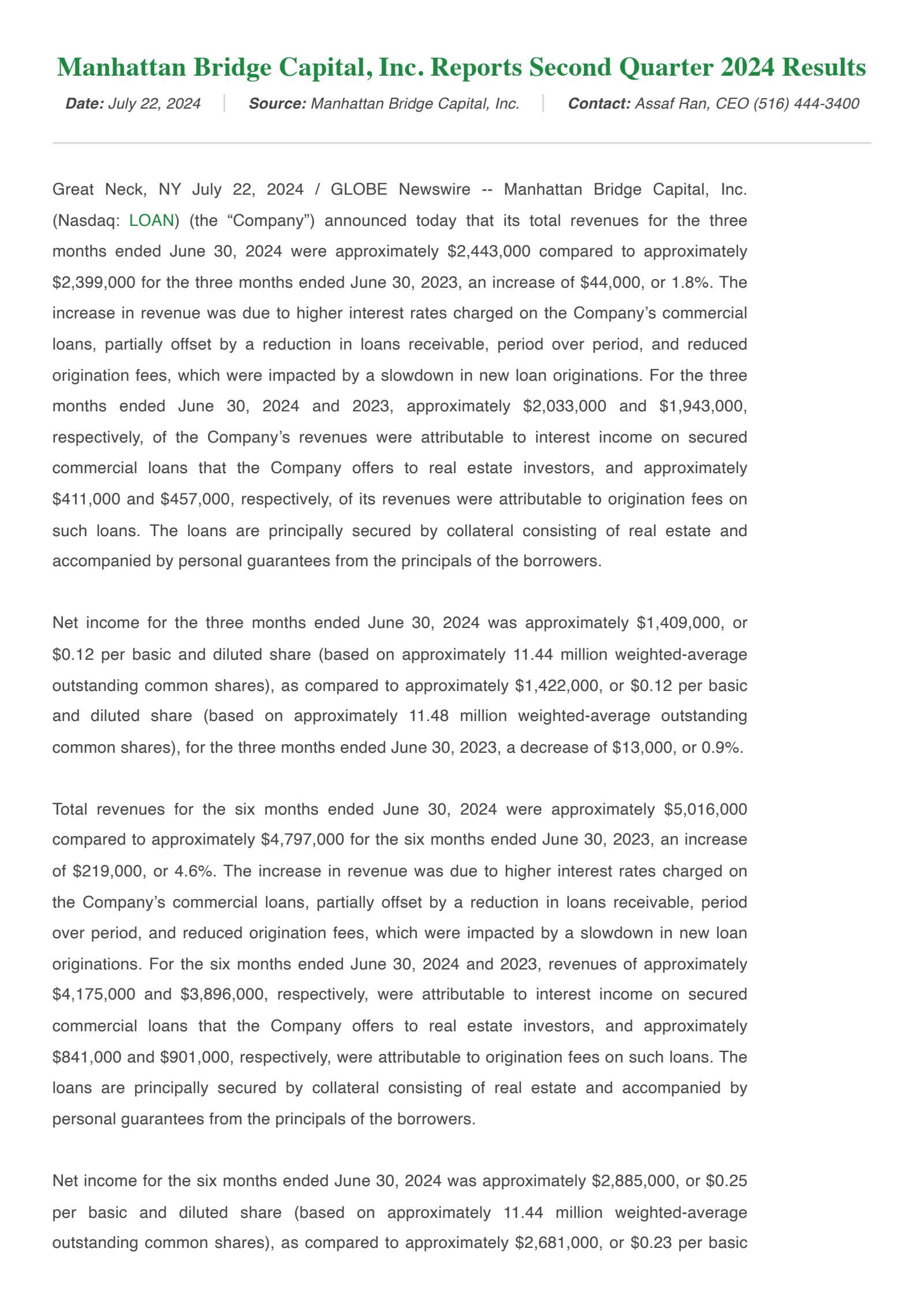 Manhattan Bridge Capital's Q2 2024 Press Release