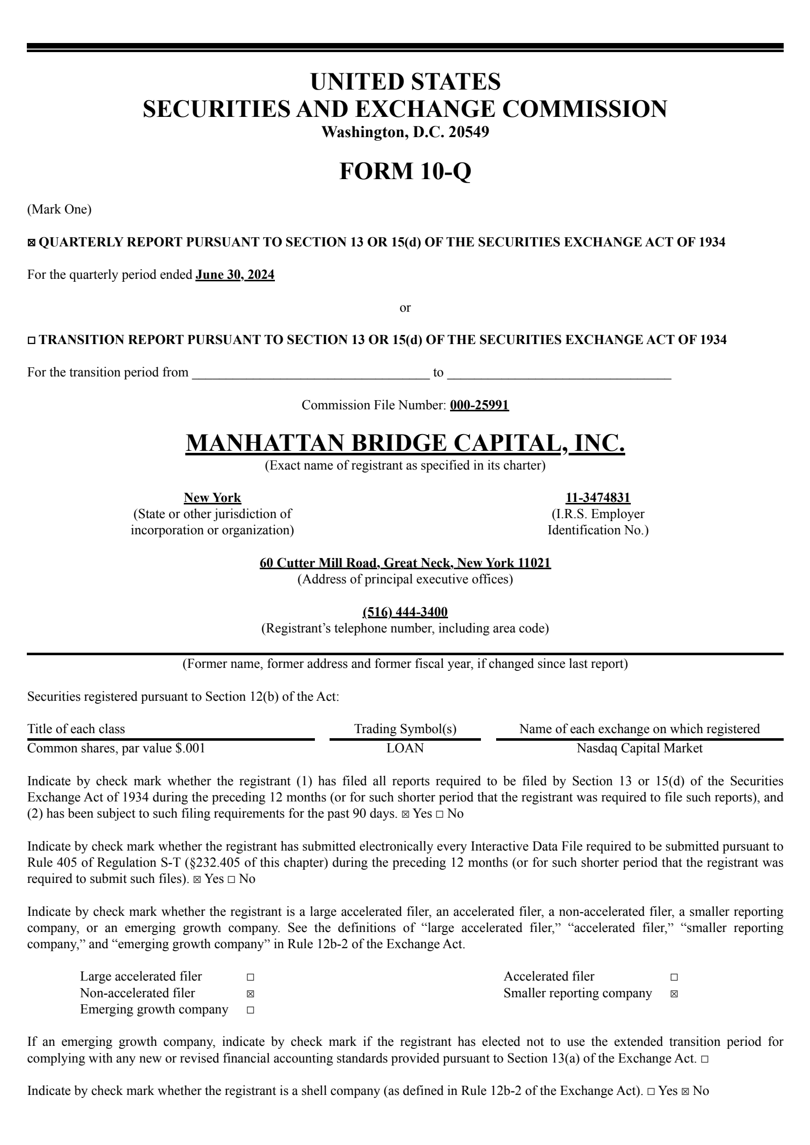 Manhattan Bridge Capital's Q2 2024 Quarterly report