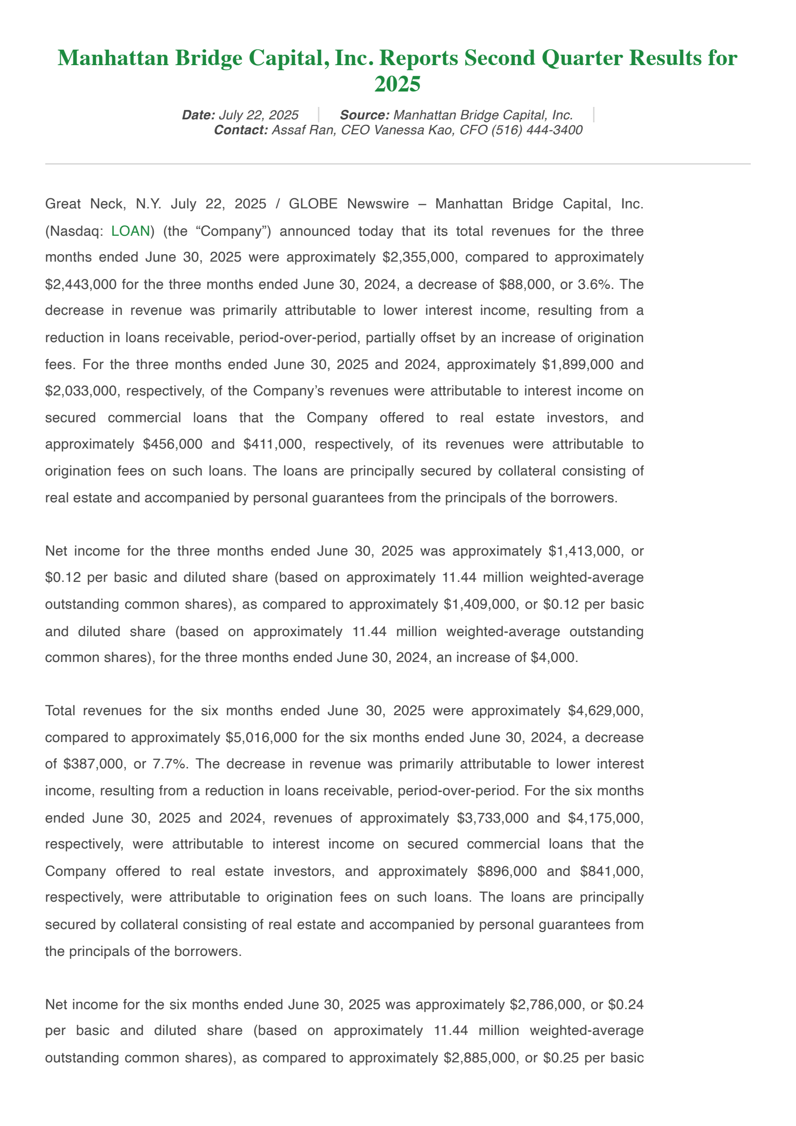 Manhattan Bridge Capital's Q2 2025 Press Release