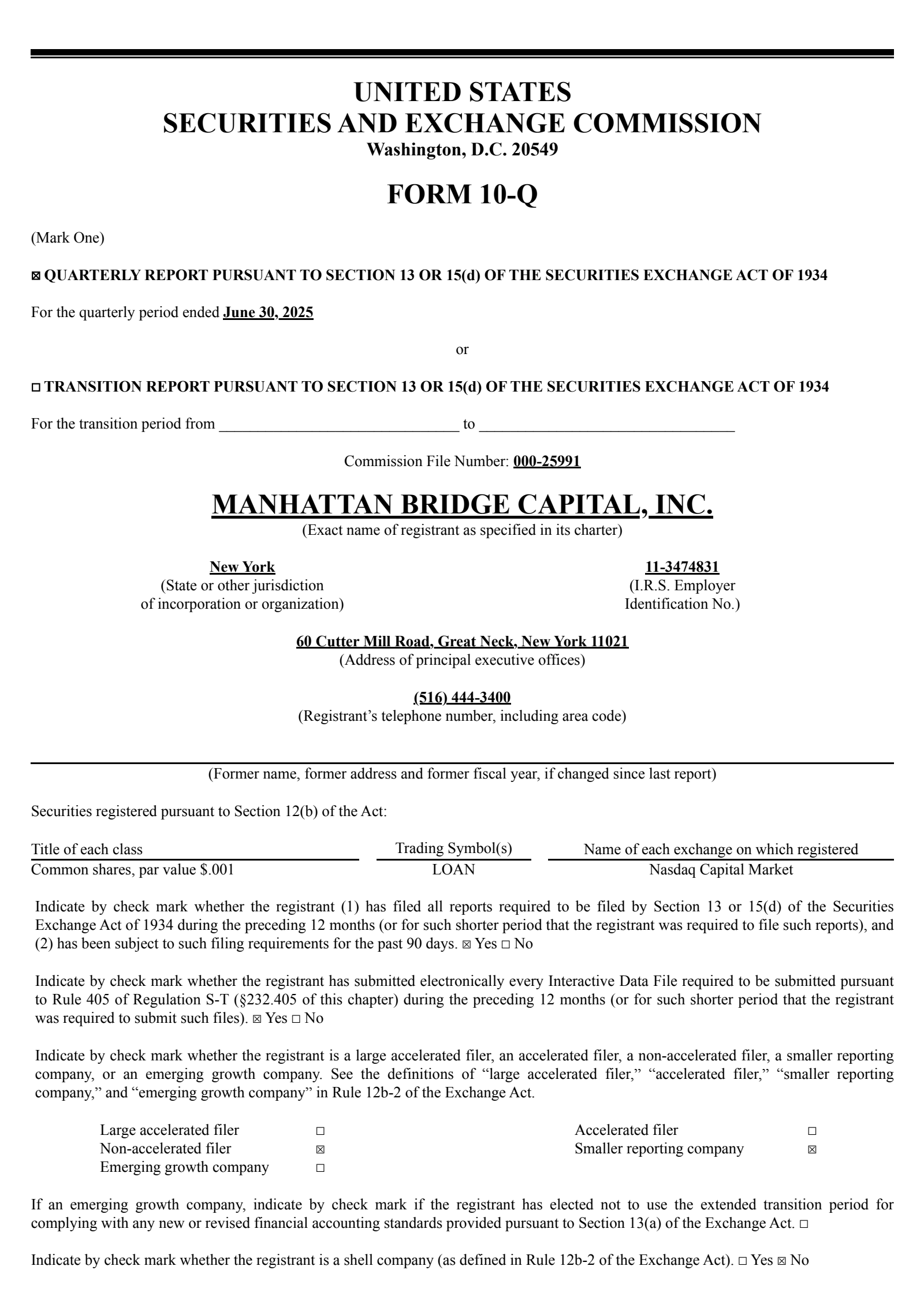 Manhattan Bridge Capital's Q2 2025 Quarterly report