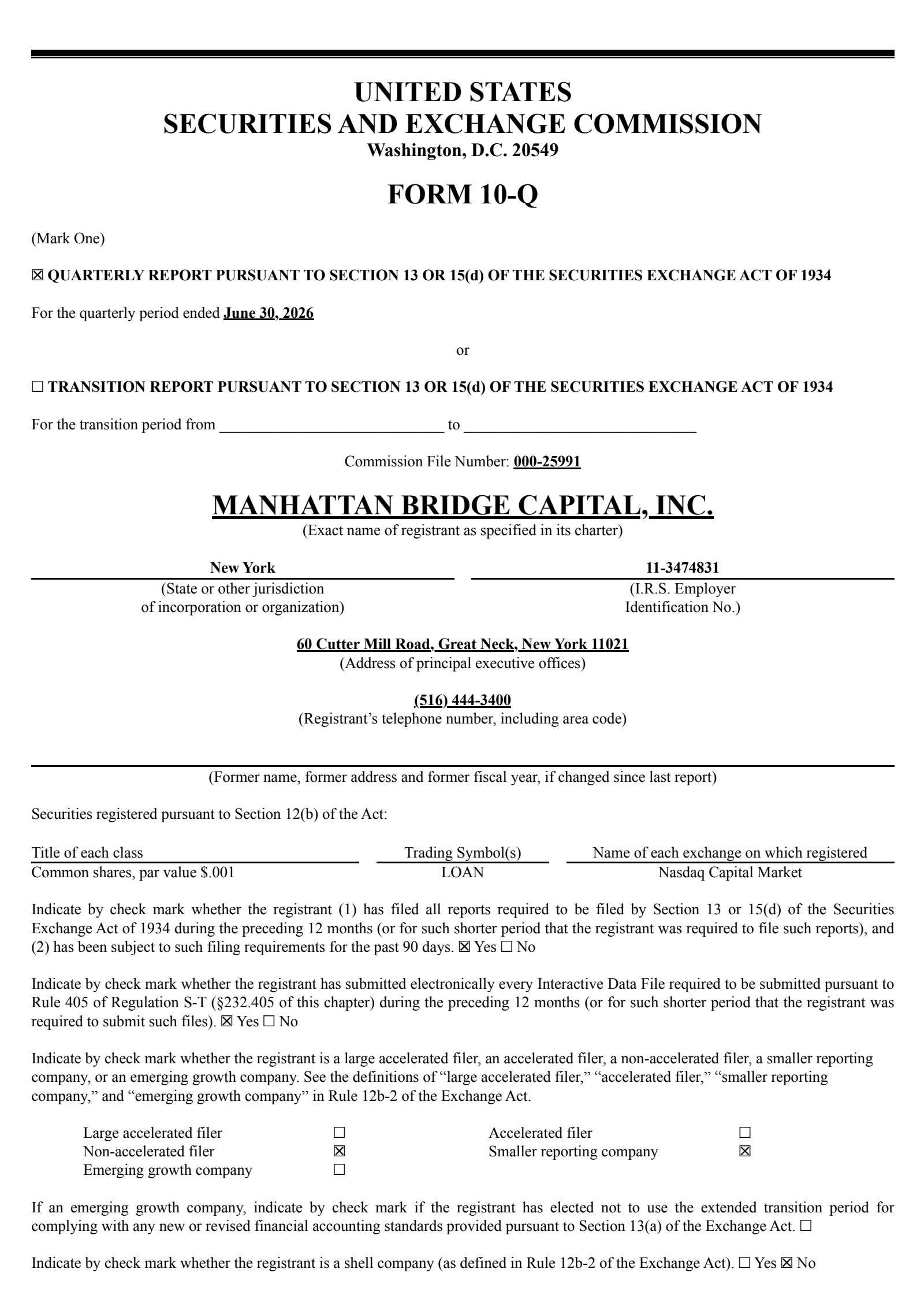 Manhattan Bridge Capital's Q2 2026 Quarterly report