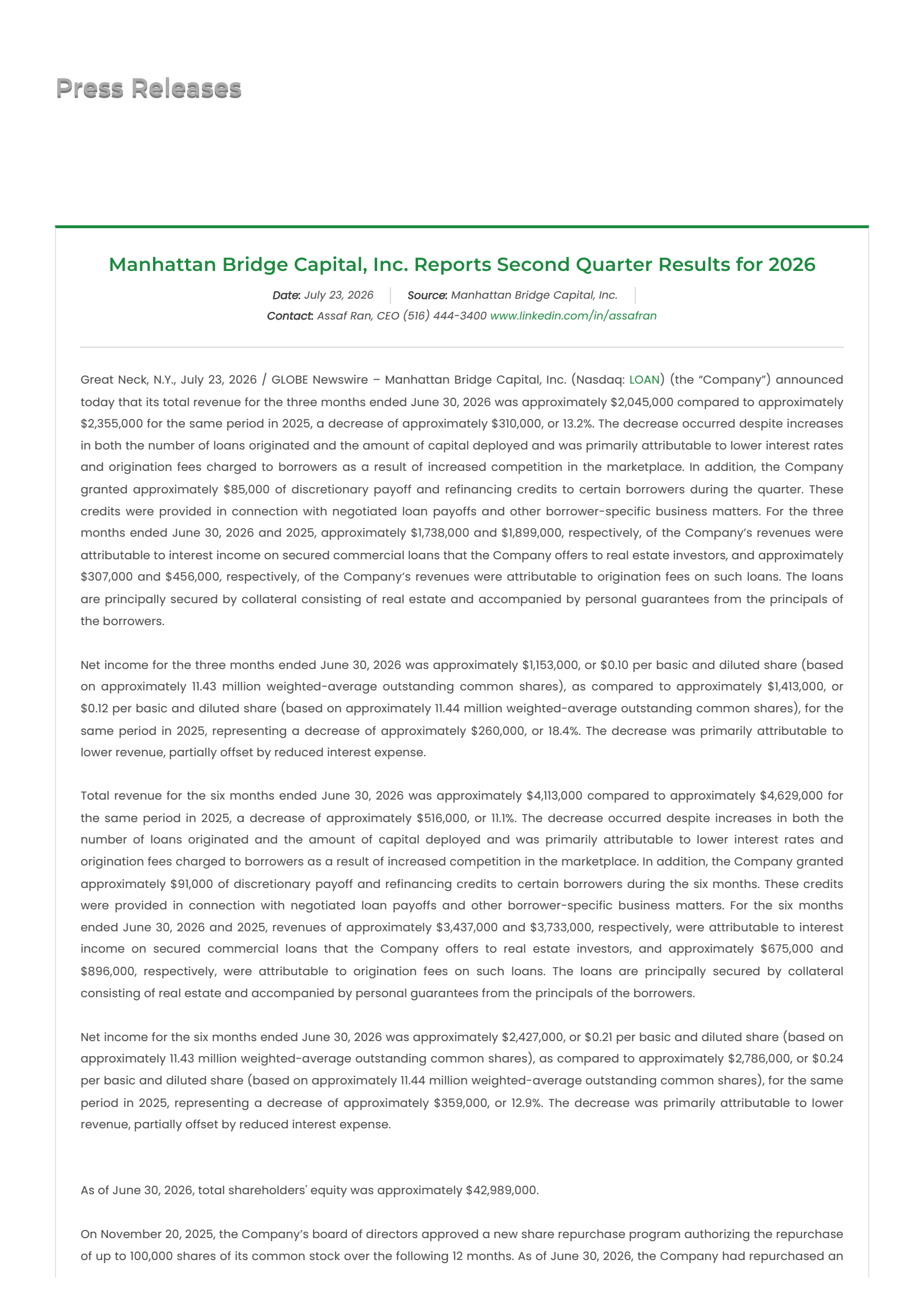 Manhattan Bridge Capital's Q2 2026 Press Release