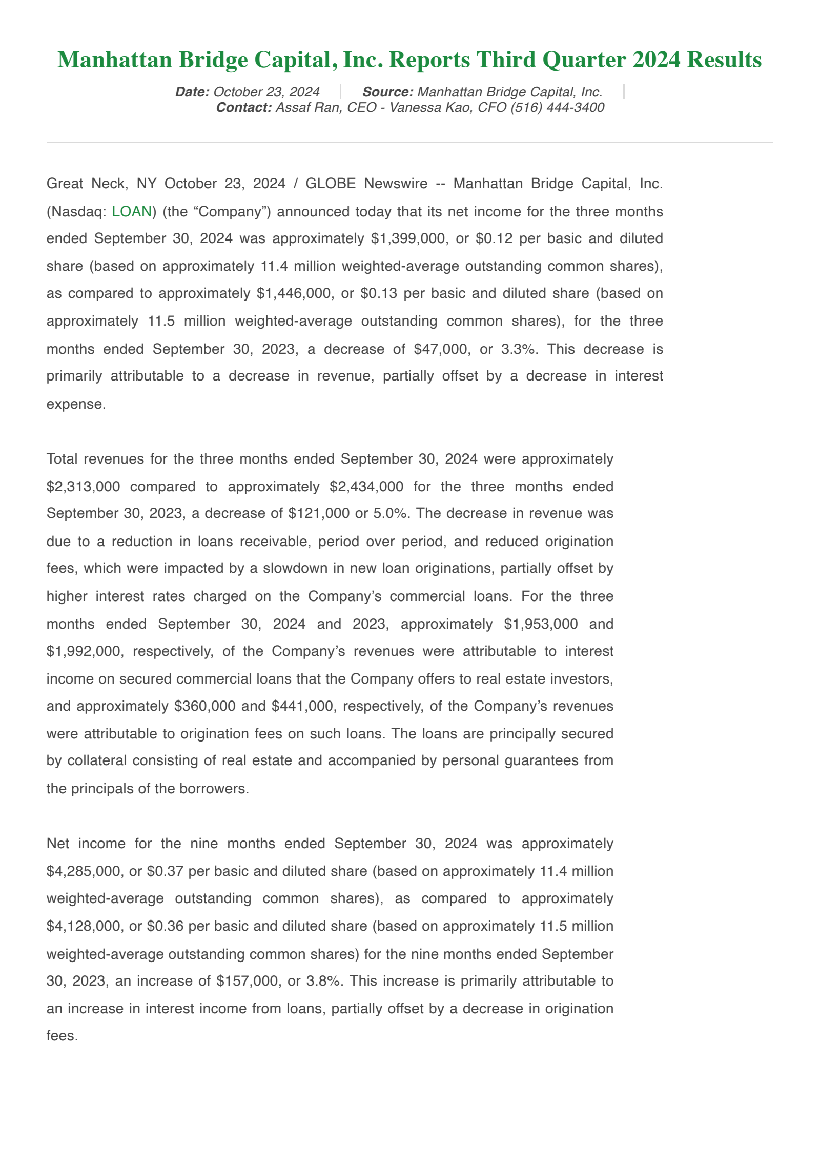 Manhattan Bridge Capital's Q3 2024 Press Release
