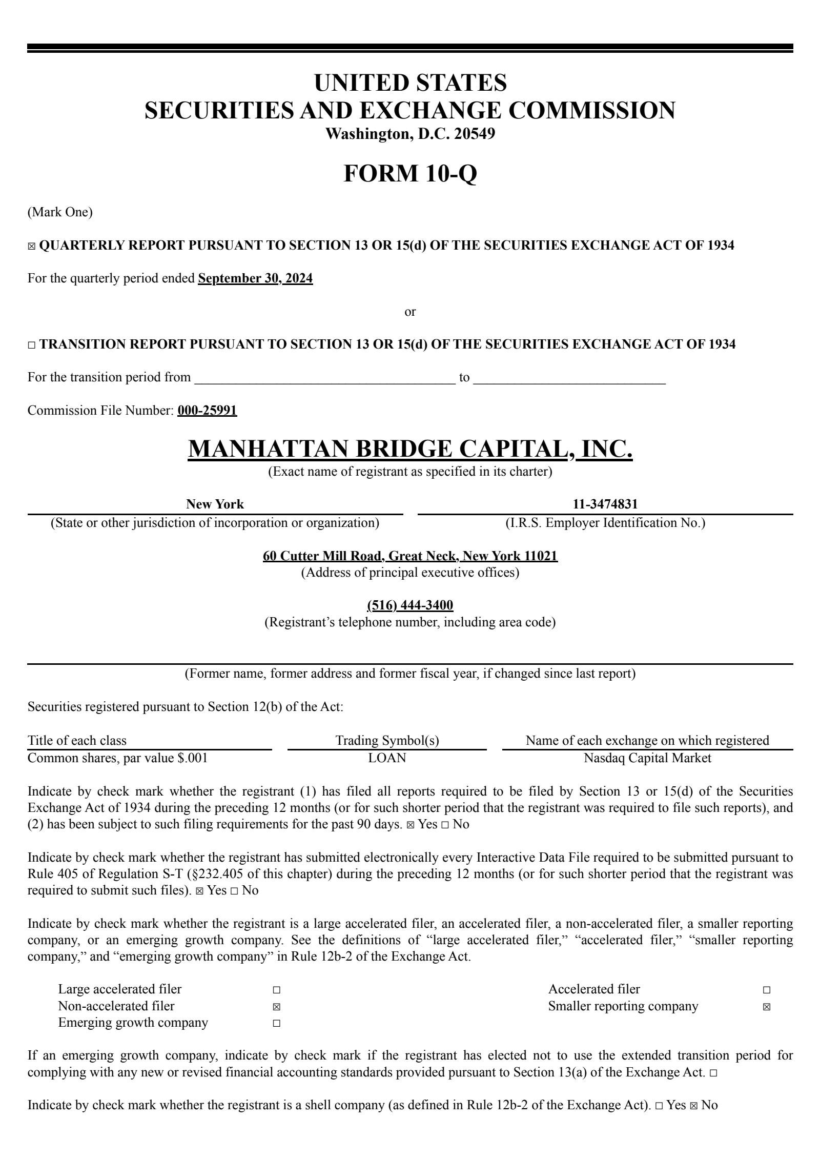 Manhattan Bridge Capital's Q3 2024 Quarterly report