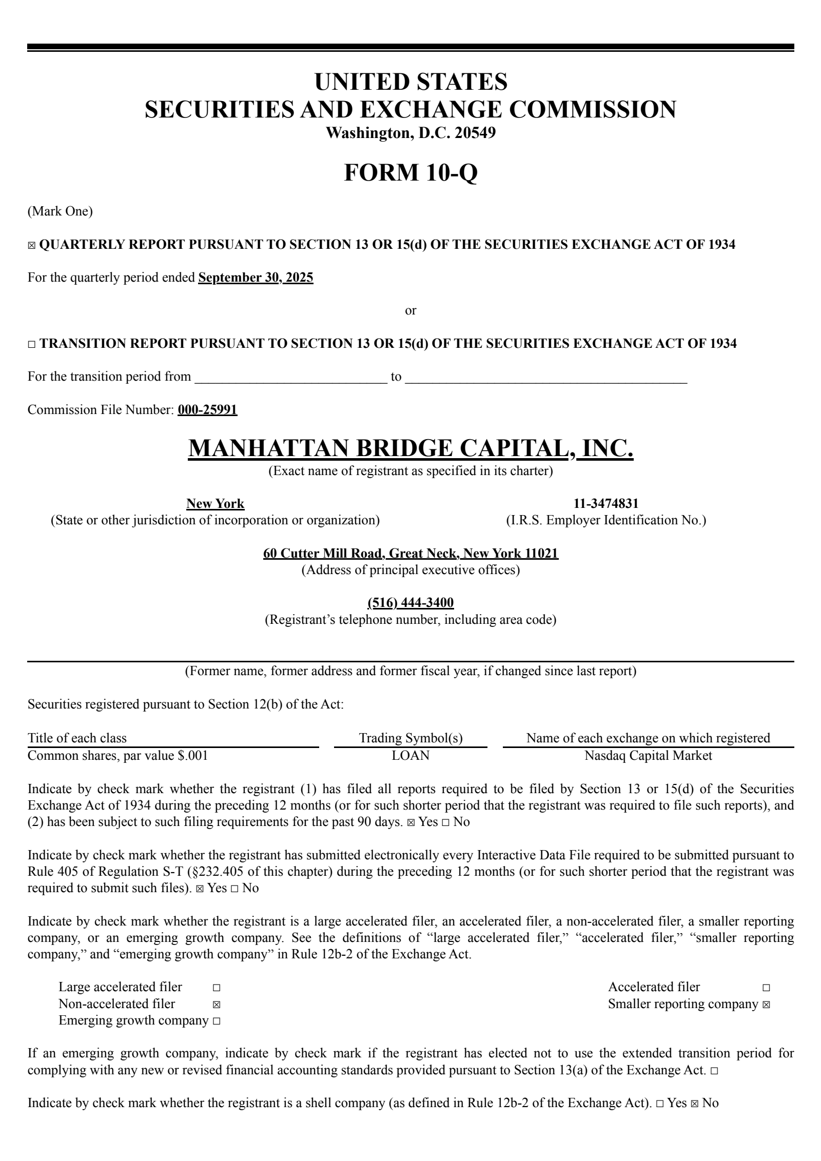 Manhattan Bridge Capital's Q3 2025 Quarterly report