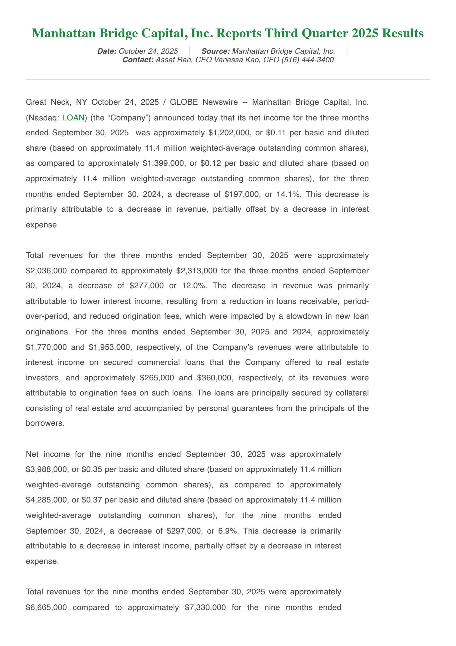 Manhattan Bridge Capital's Q3 2025 Press Release