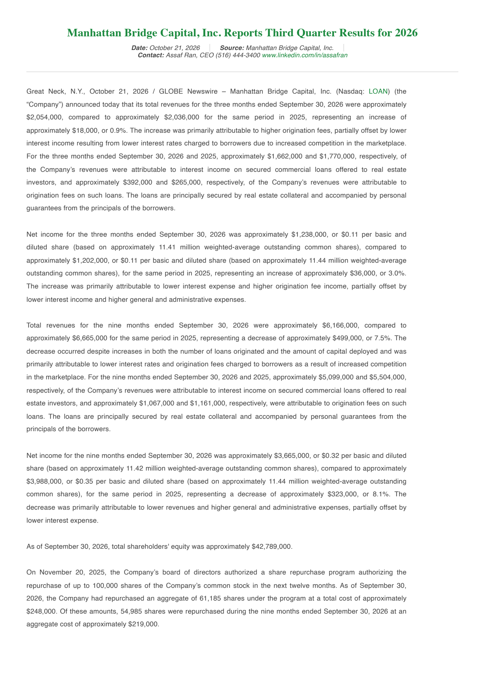 Manhattan Bridge Capital's Q3 2026 Press Release