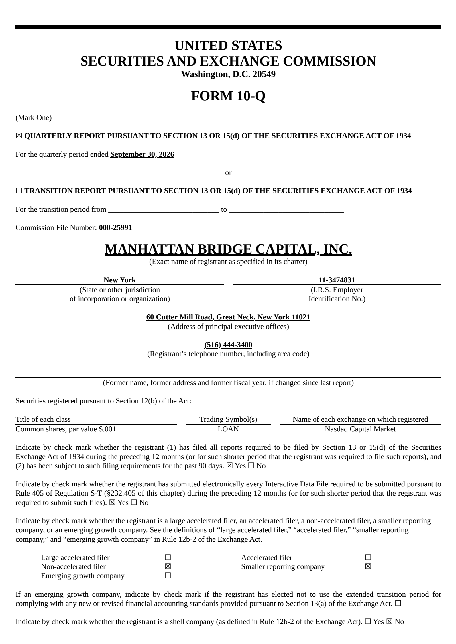 Manhattan Bridge Capital's Q3 2026 Quarterly report