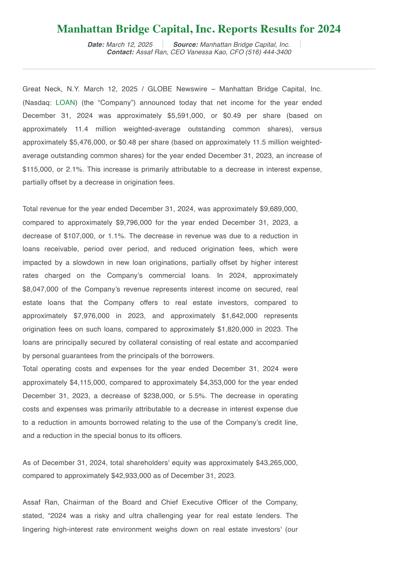 Manhattan Bridge Capital's Q4 2024 Press Release