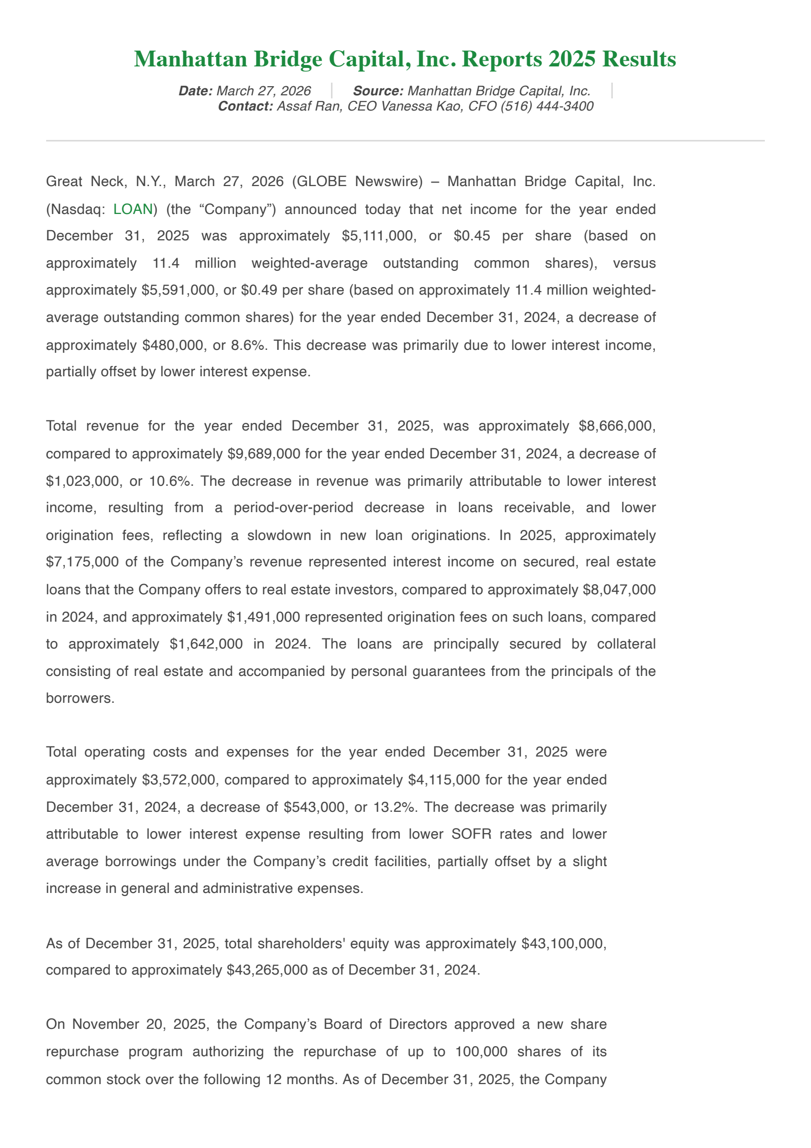 Manhattan Bridge Capital's Q4 2025 Press Release
