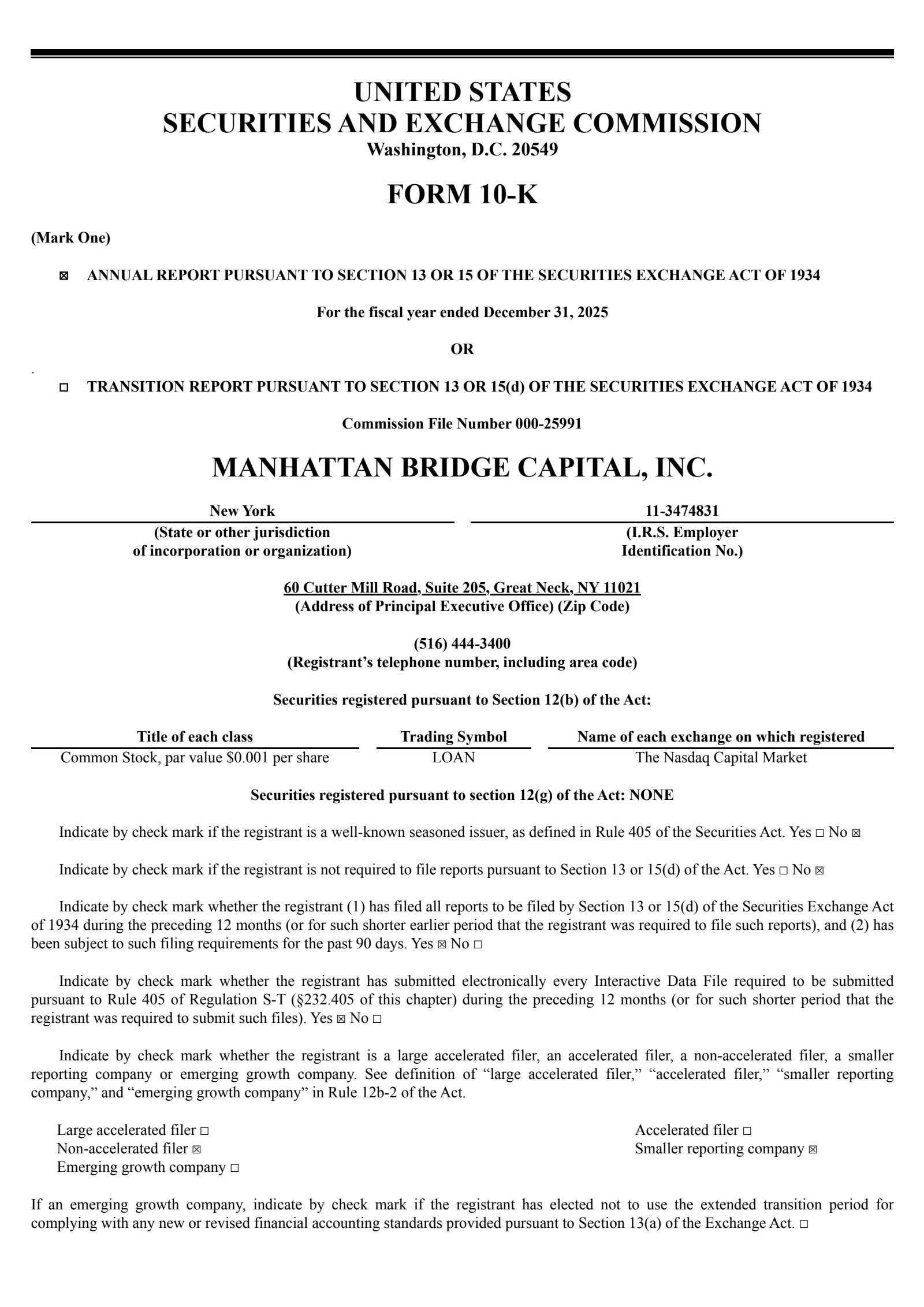 Manhattan Bridge Capital's Q4 2025 Annual report