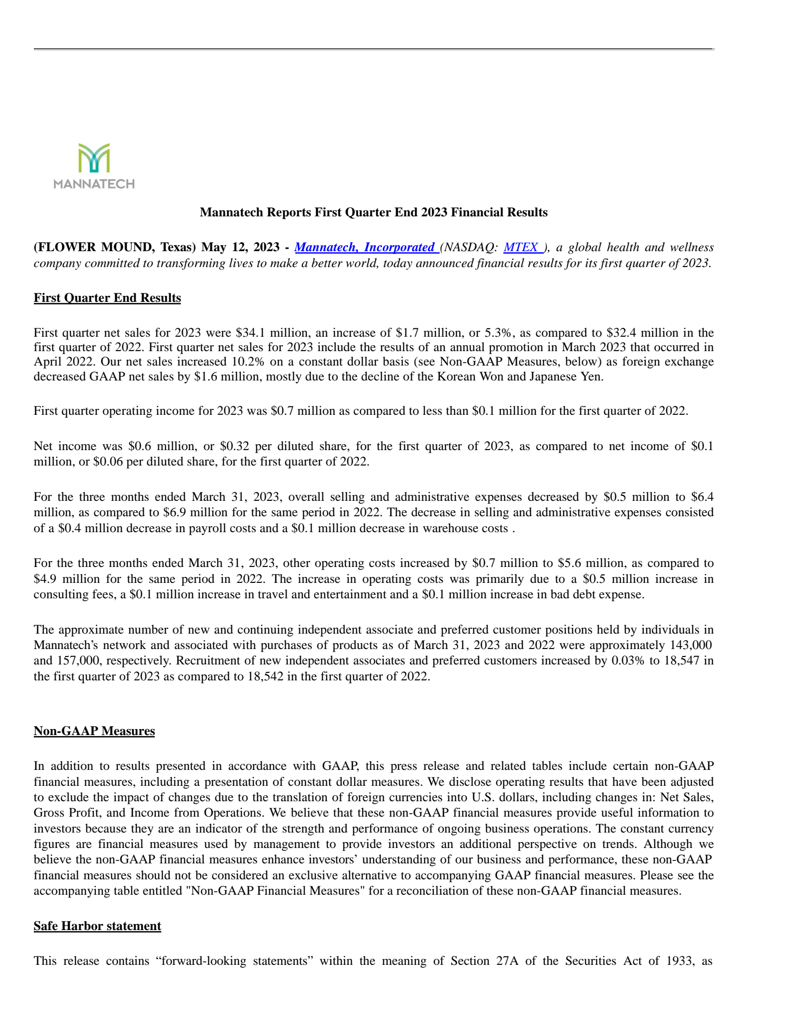 MTEX Q1 2023 Earnings Report on 5/12/2023