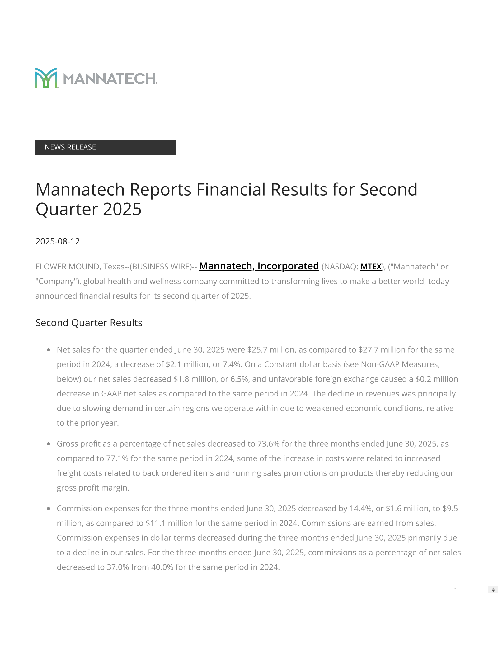 Mannatech's Q2 2025 Press Release