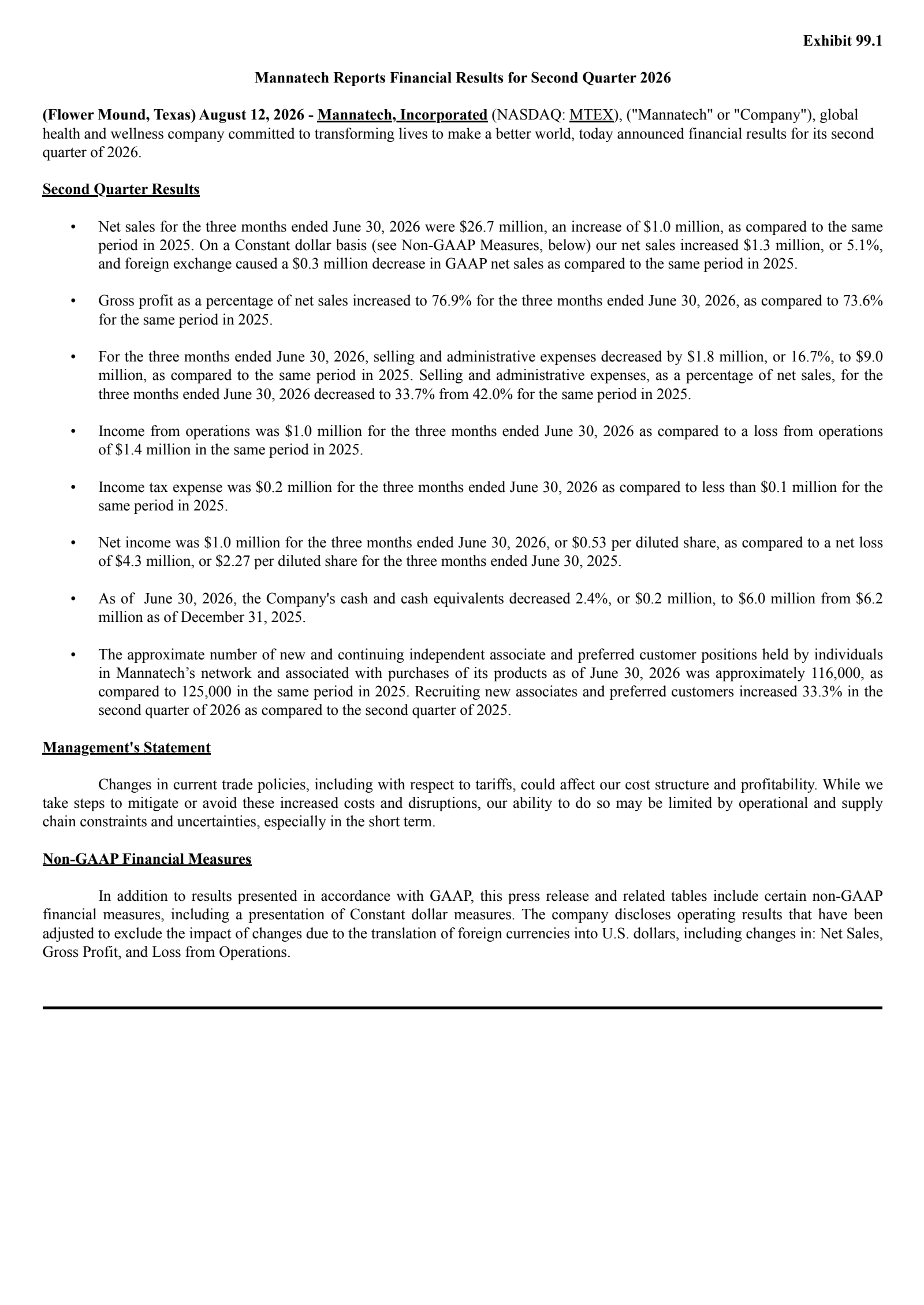 Mannatech's Q2 2026 Press Release