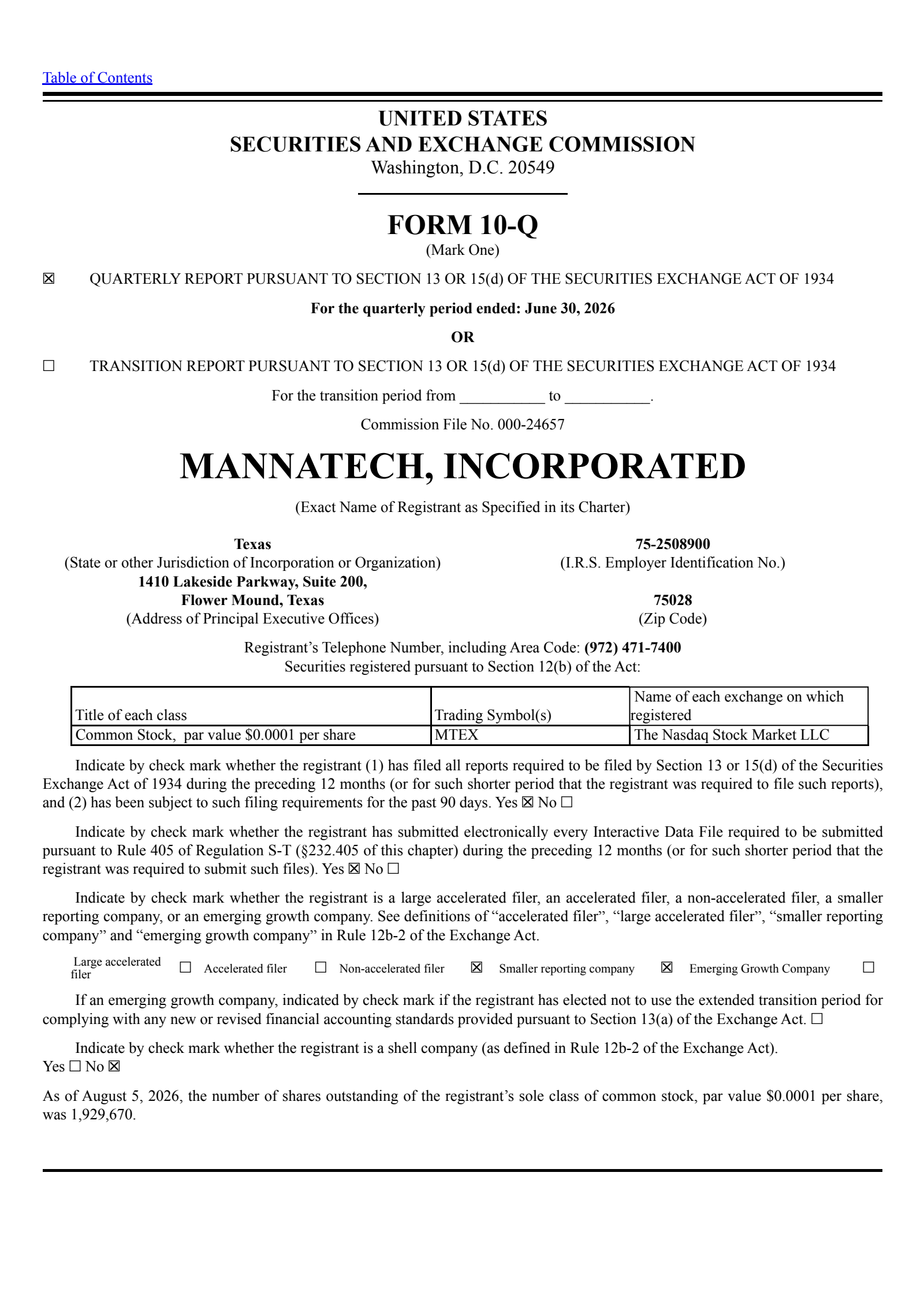 Mannatech's Q2 2026 Quarterly report