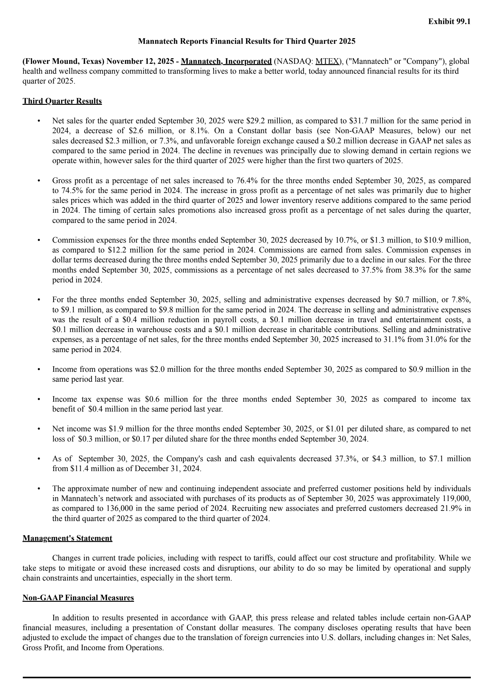 Mannatech's Q3 2025 Earnings Release