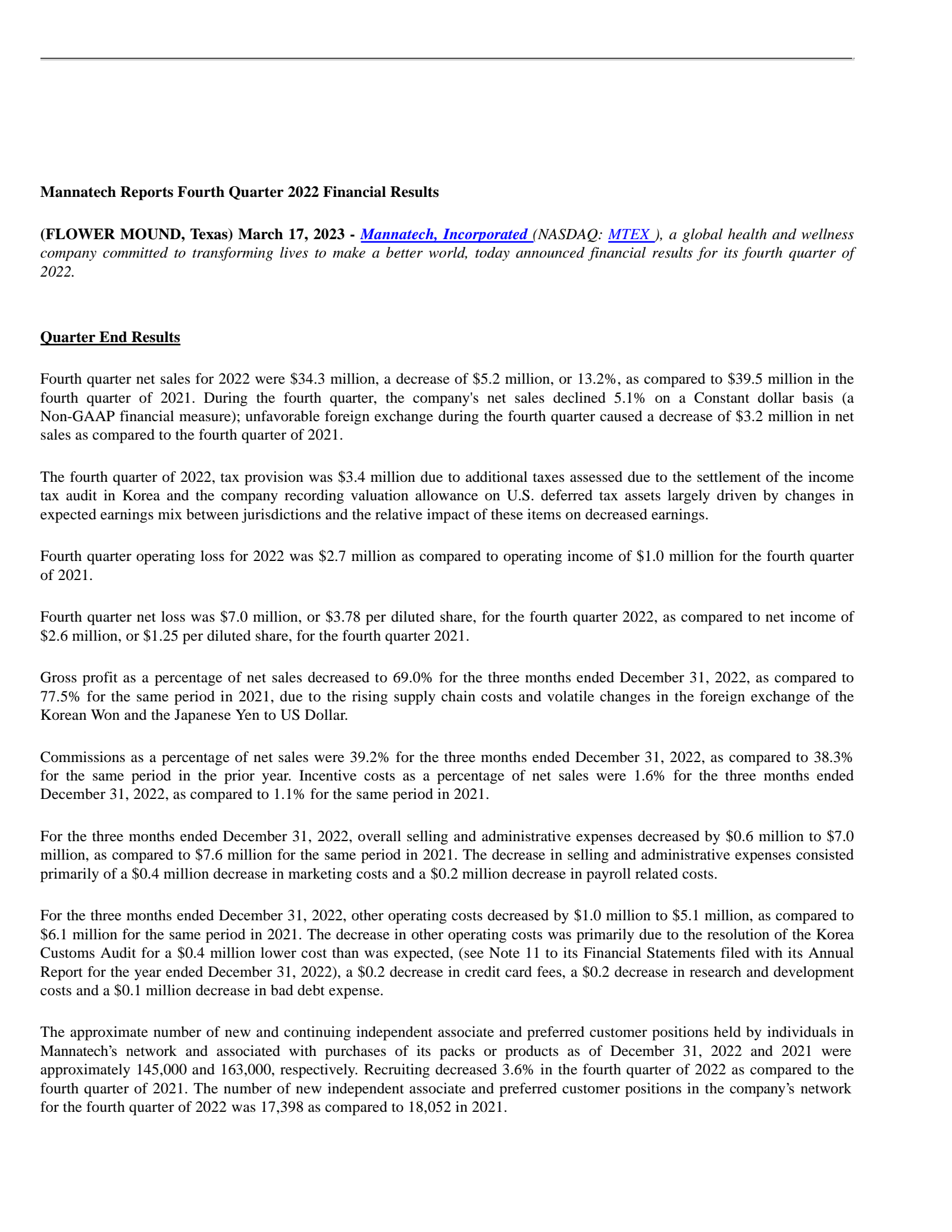 Mannatech's Q4 2022 Press Release