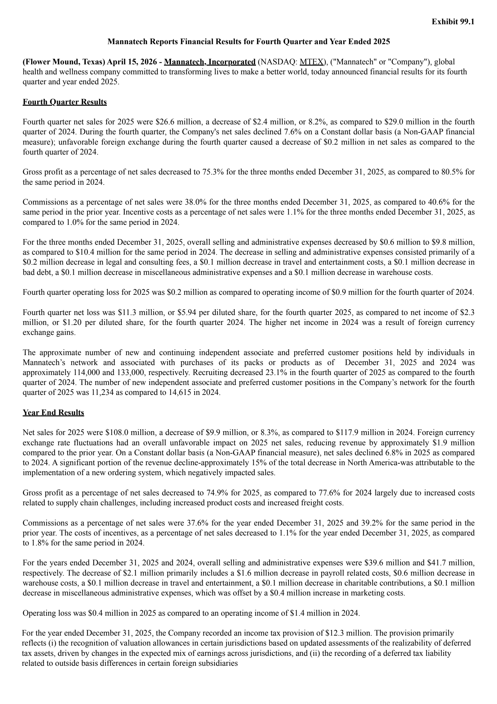 Mannatech's Q4 2025 Press Release
